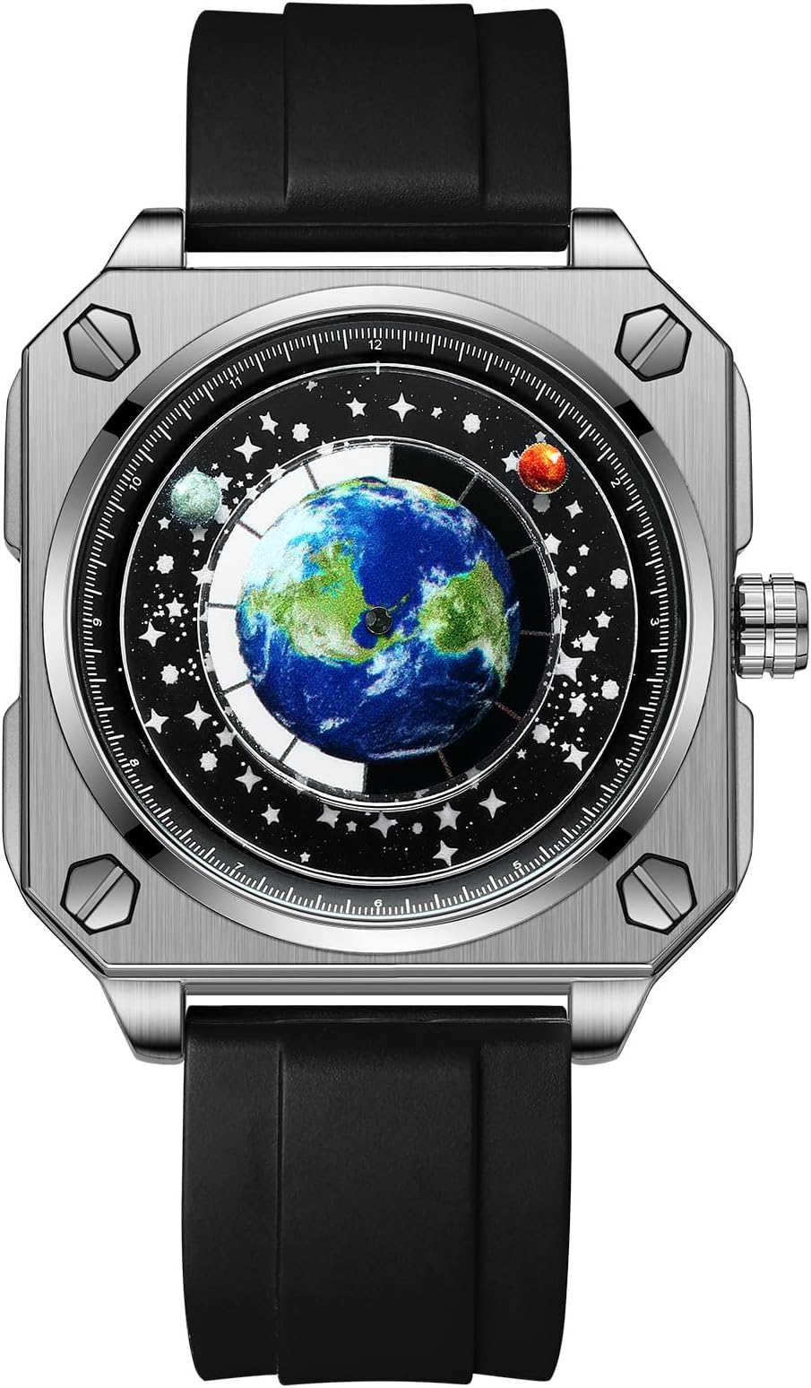 MINILUJIA 30M Waterproof Men World Map Watches Creative Wristwatch with Earth Globe Moon Sun Rotating Eye catching Cool Unique Square Dial Mens Watches with Watch Box