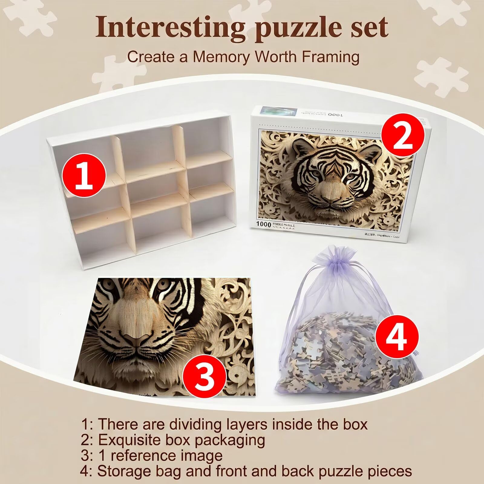 Tigre Intaglio legno Puzzle 4000 Pezzi per Adulti, Puzzle in Legno - Collezione Classica con Poster Incluso - Sfida di Concentrazione e Passatempo Antistress, Gioco per Famiglia, 141 x 87 cm f0-345