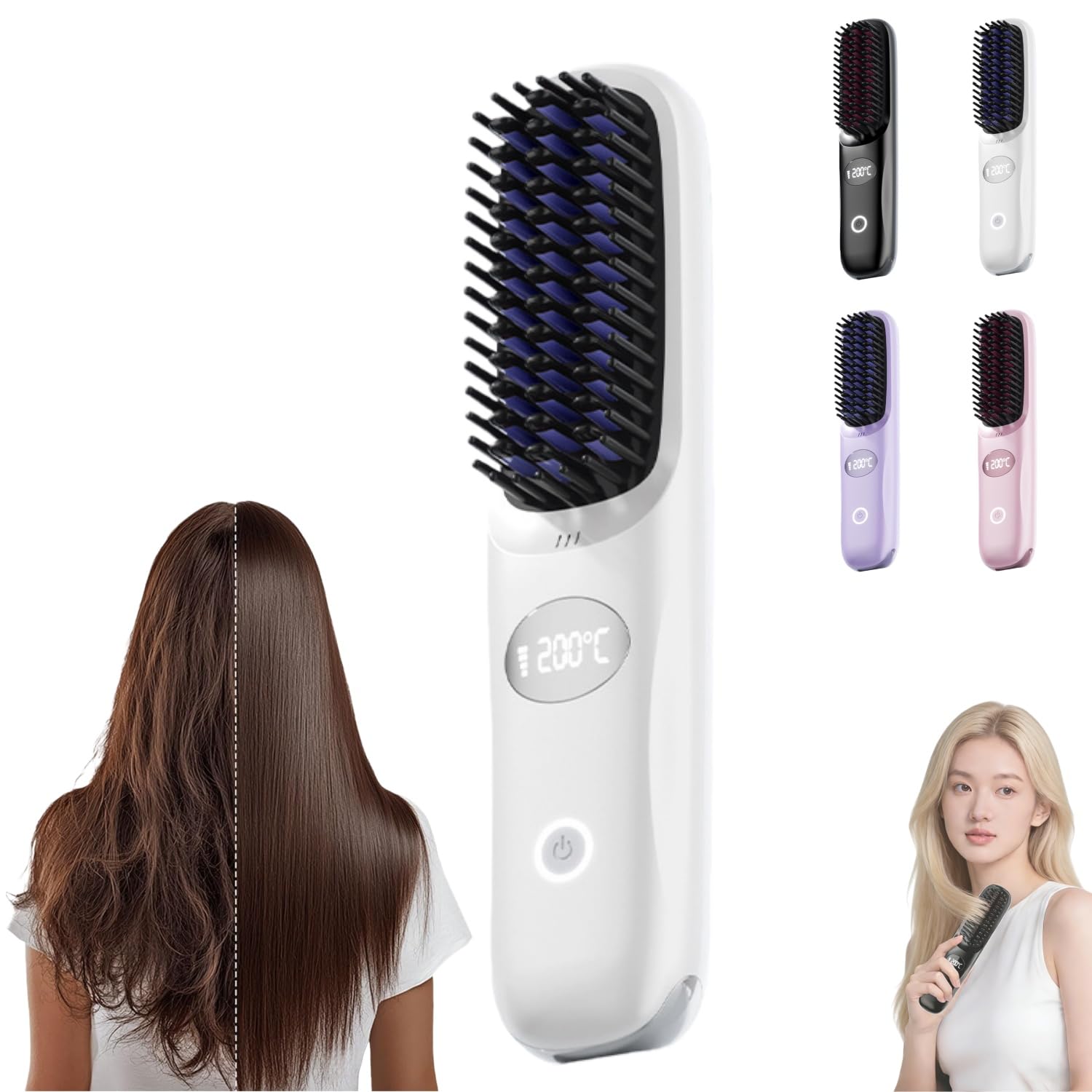 2026 Upgraded Cordless Hair Straightener Brush – Portable Mini Hair Straightening Comb with LED Display, Fast Heating, 3 Adjustable Temperature Settings for Travel (White)