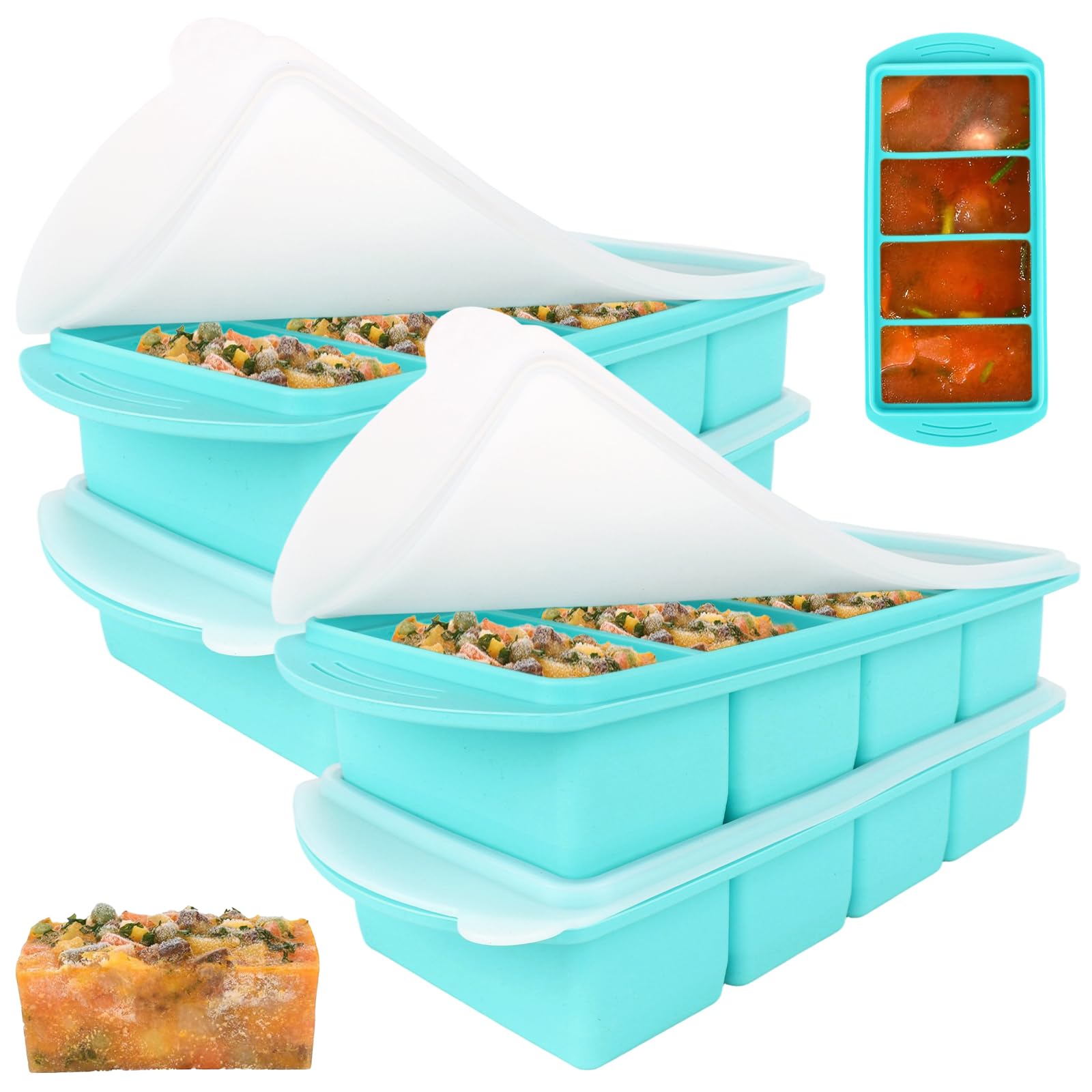 Lotvic 4 Pack Soup Cube Silicone Freezer Tray, 1000ML Freezer Containers with Lid, 4-Compartment, Makes 16 1-Cup Portions Cubes, Freezer Tray for Meal Prep, Soup, Sauce (4 Pack, Blue) — image 1