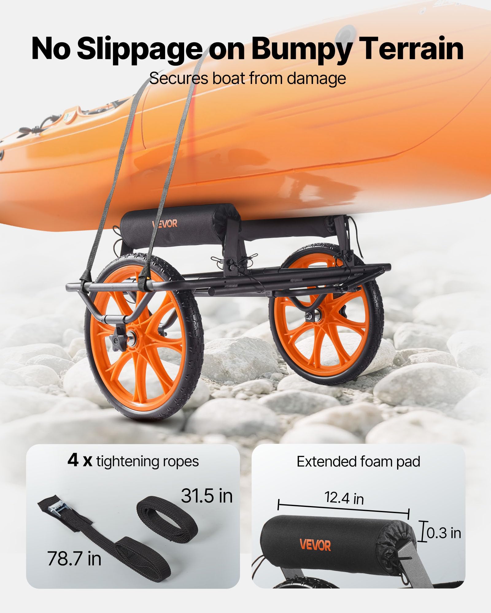 VEVOR Remolque Horizontal para Kayak, Remolque de Kayak 770 x 495 x 425 mm con Neumáticos de Goma Maciza de 38,1 cm y Pata de Cabra Carga 150 kg Carrito para Tabla de Surf de Remo, Kayaks, Canoas