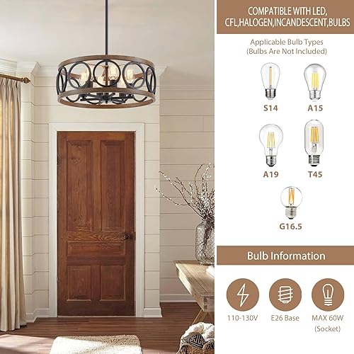 Miniatura 4 de Candelabros para comedor, 19.7 pulgadas, estilo casa de campo, moderna, de grano negro y madera, lámpara colgante de metal de grano de madera,