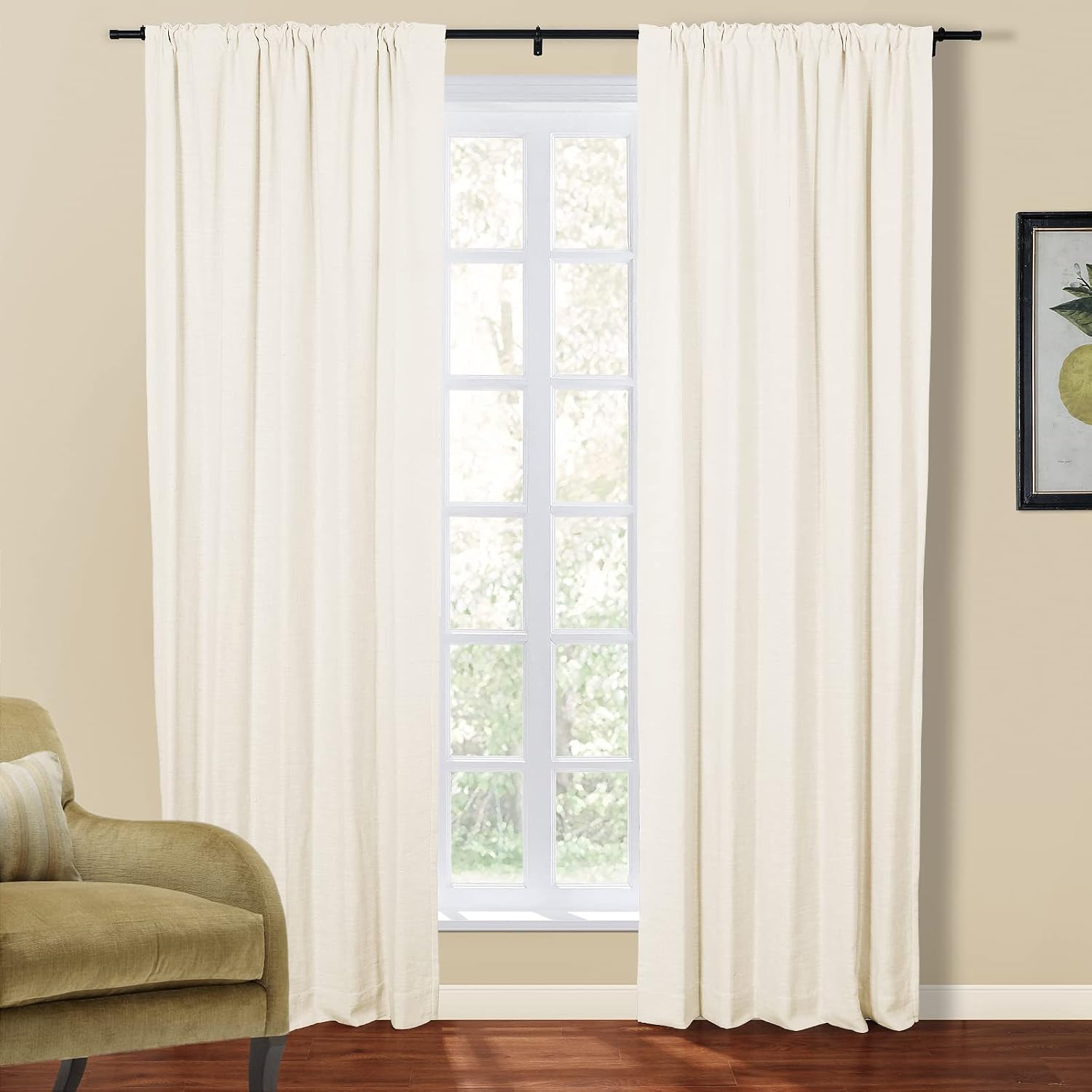 TWOPAGES Double Layer Lined Curtain Ivory Linen Blend Light Filtering Flat Hook Curtain for Kitchen, 4 in 1 Top Room Darkening Window Treatment Curtain Panel (1 Panel, W100 x L84)