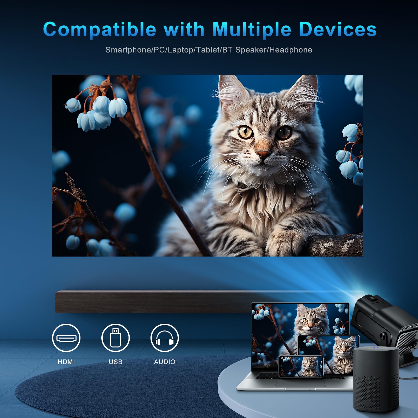 Mini Beamer 4K Full HD 1080P Projektor WiFi 6 Bluetooth 5.4 Auto Vertikale Trapezkorrektur 140 Zoll Tragbarer Video Projector Schwarz