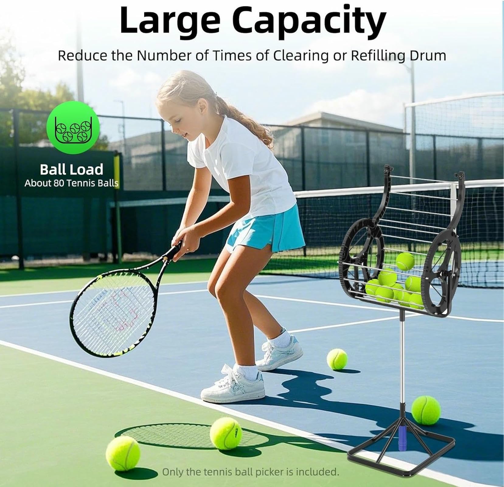 Raccoglitore automatico di palline da tennis – Capacità 80 palline, cestino da tennis 2 in 1 con altezza regolabile, raccogli palline portatile per palestra, campo o scuola