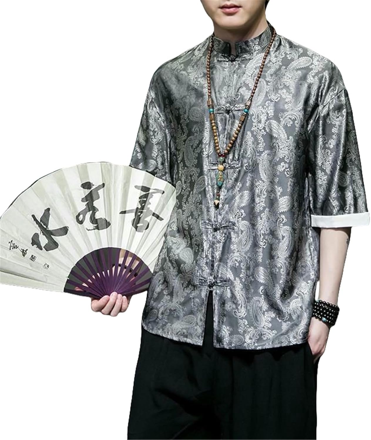 Men's Summer Chinese Style Tang Suit Loose Fit Dragon Pattern Jacquard Stand Collar Frog Button Short Sleeve Shirt