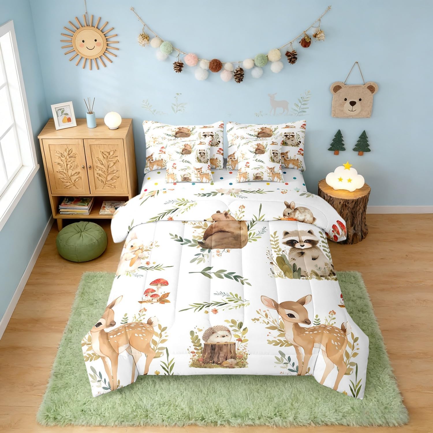 Erosebridal Kids Cute Bear Deer Comforter Set with Sheets Full Size 7 Pieces Woodland Animals Bedding Set Rabbit Hedgehog Raccoon Jungle Animal Bed in A Bag Zoo Animals Bed Sets for Boys Girls