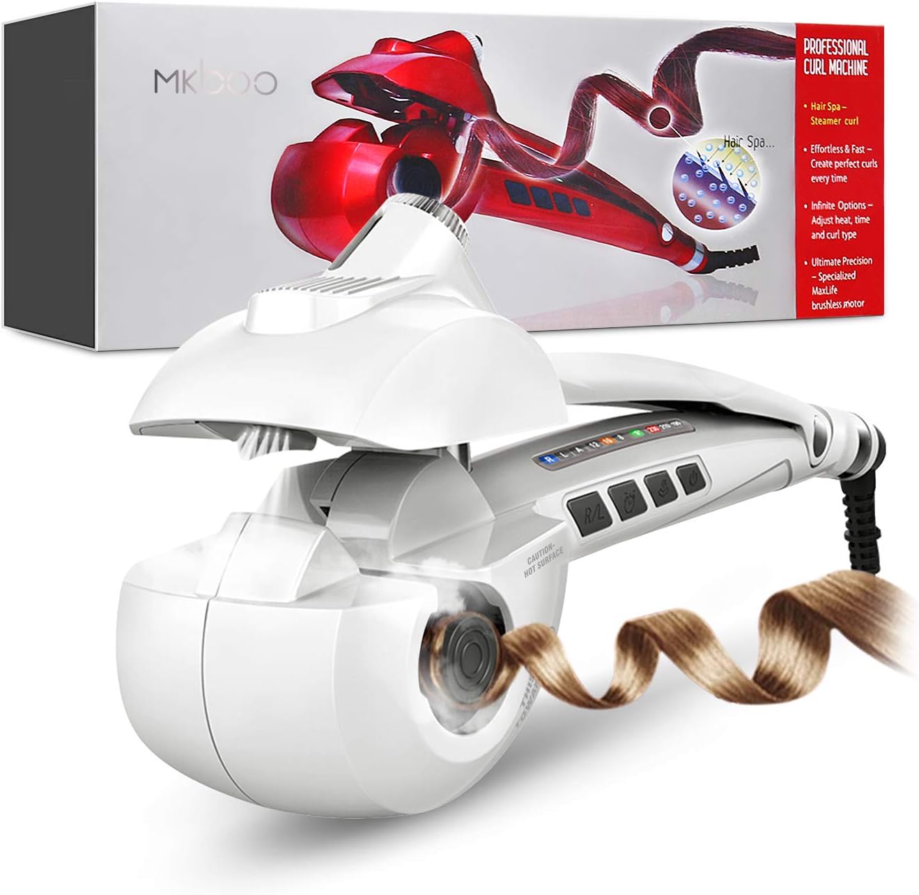 Curling Iron - MKBOO Automatic Hair Steam Curler Ceramic Curling Wand Salon Professional Rotating Styling Tool With 3 Heat Levels, 3 Timers, 3 Curls Directions, Auto Off