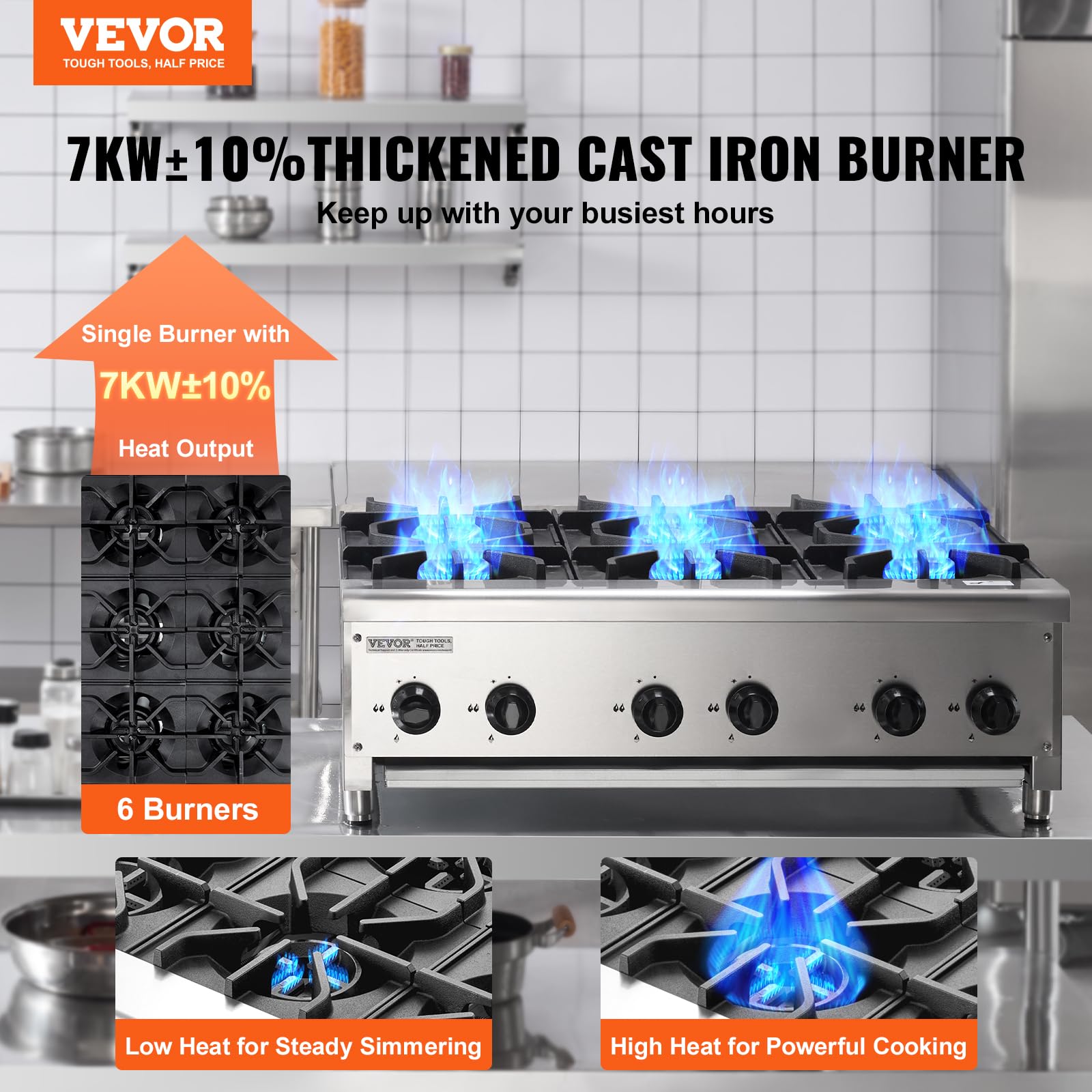 VEVOR Cuisinière à Gaz Commerciale avec 6 Brûleurs, Plaque de Cuisson de Comptoir au Propane et au Gaz Naturel, 42 kW, en Acier Inoxydable, Équipement de Cuisson Commercial pour Restaurant Domicile