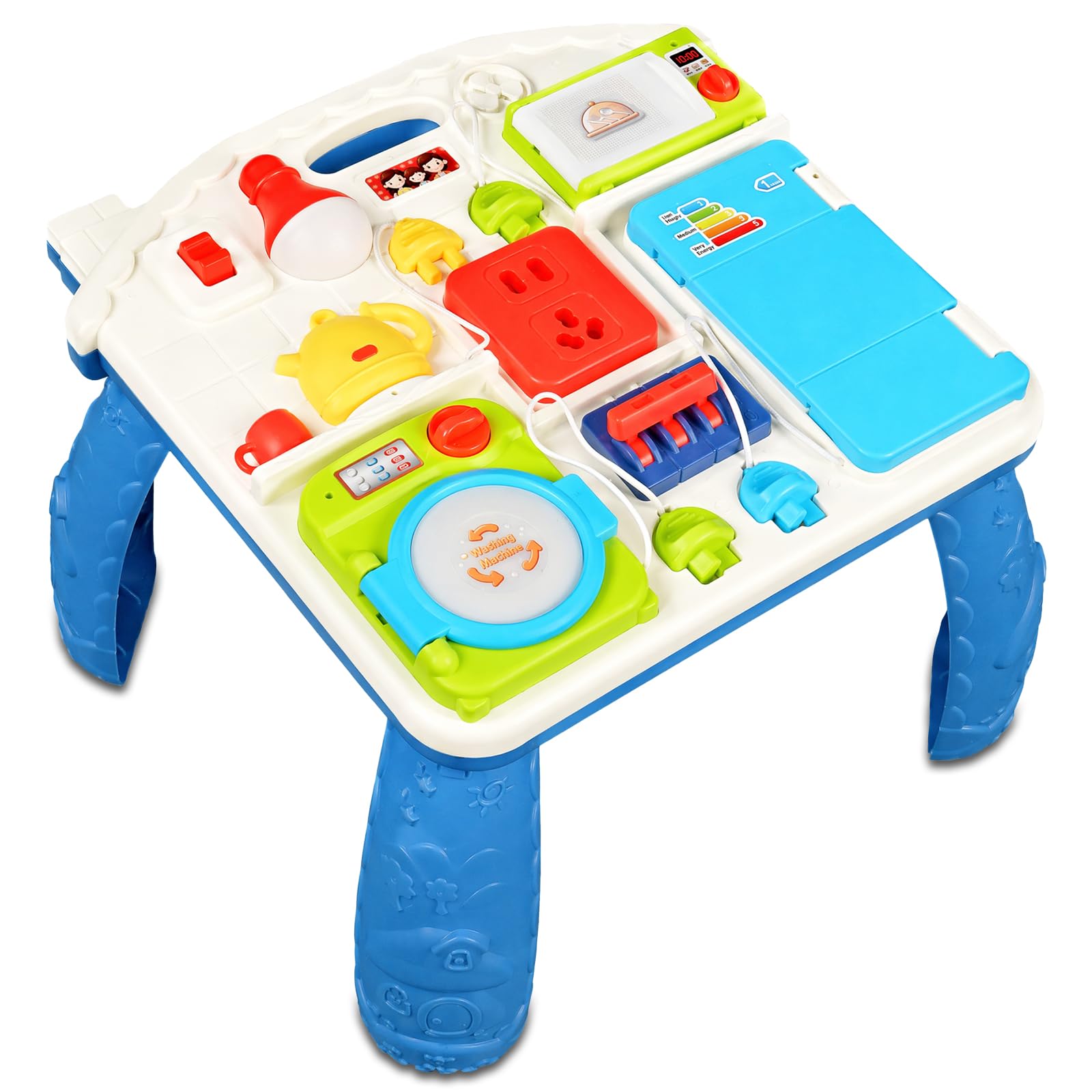 Mostop Home Appliance Busy Board Activity Table, Montessori Learning Table for Toddlers 1-3, Interactive Pretend Play Kitchen Toy with Socket Light Microwave Fridge Washing Machine for Early Education