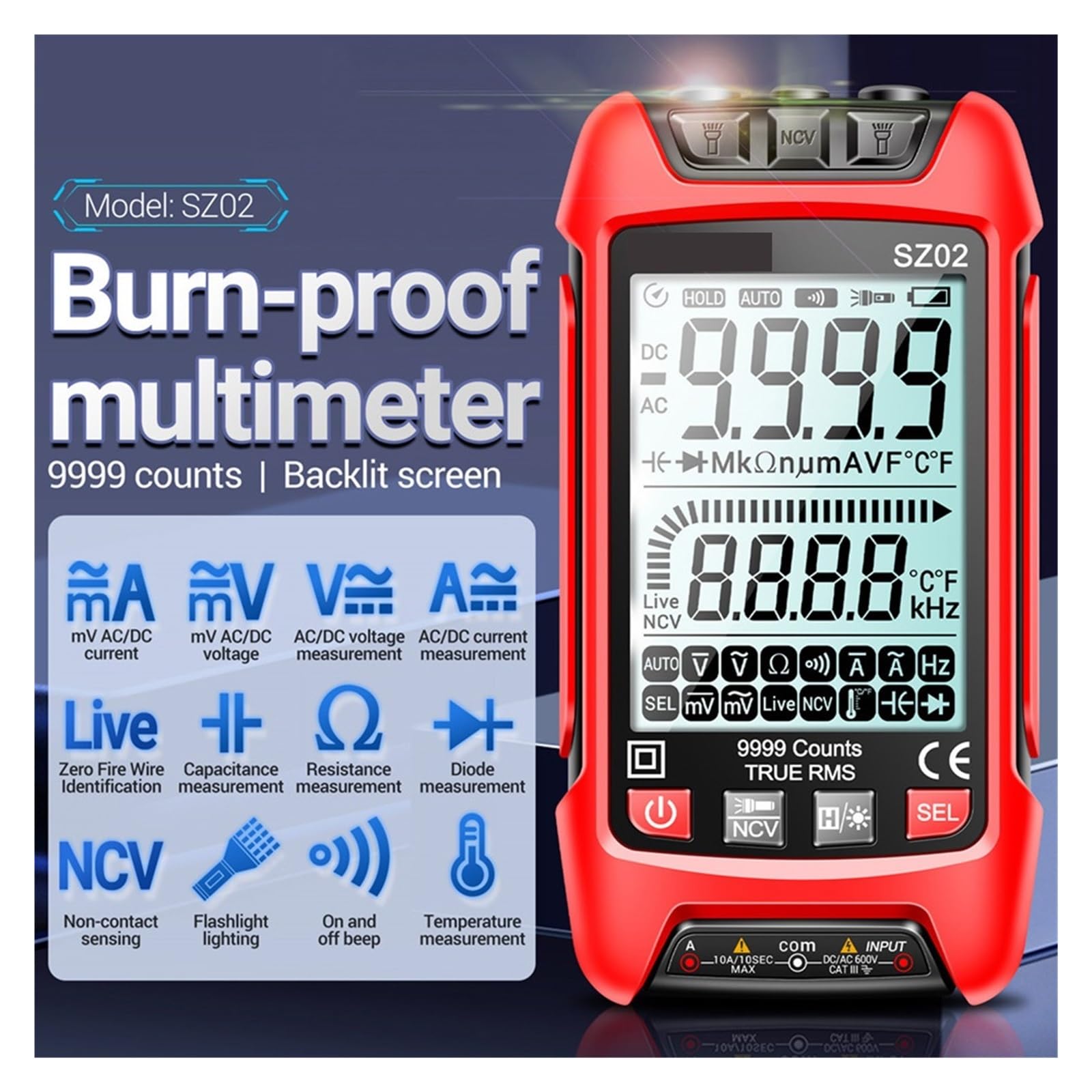 Multimetro Digitale 6000/9999 Conta Tester Di Resistenza Alla Corrente Di Tensione CC/CA Vero RMS Misuratore Di Capacità Elettrica Automatica(Orange SZ02)