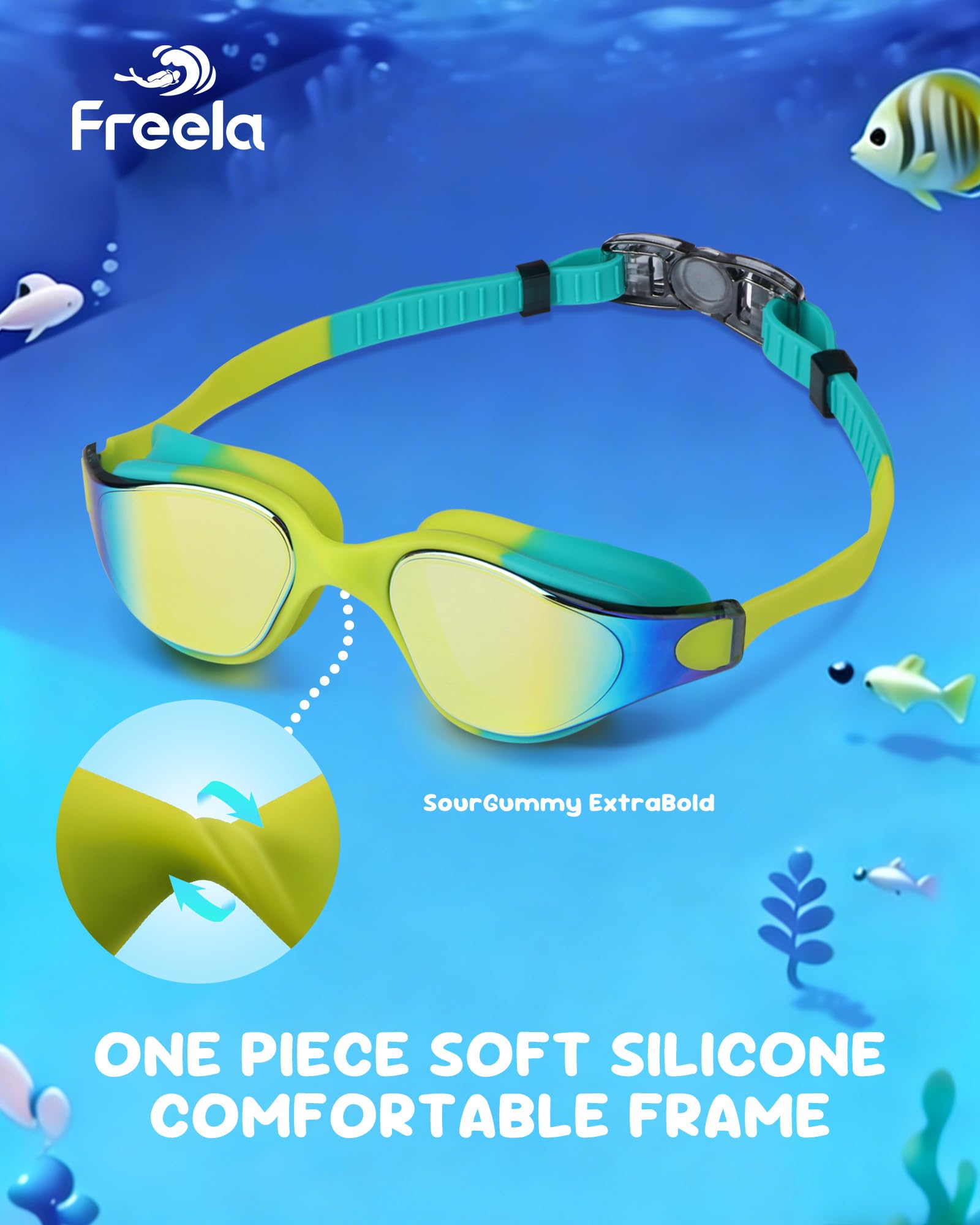 Freela Confezione da 2 occhialini da nuoto per bambini dai 3 ai 16 anni, in silicone, visione a 180°, anti appannamento, protezione UV, per ragazzi e ragazze
