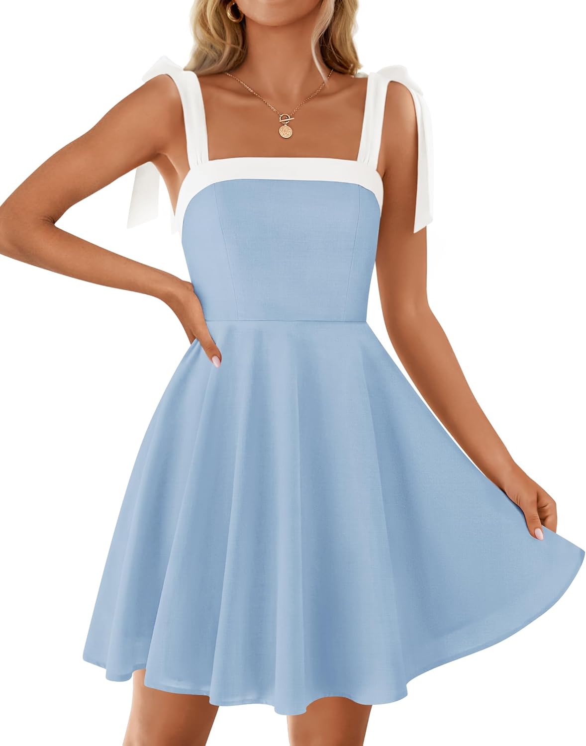 ZESICA Womens Summer Sleeveless Mini Dress Tie Shoulder Square Neck High Waist Swing A Line Short Sundresses