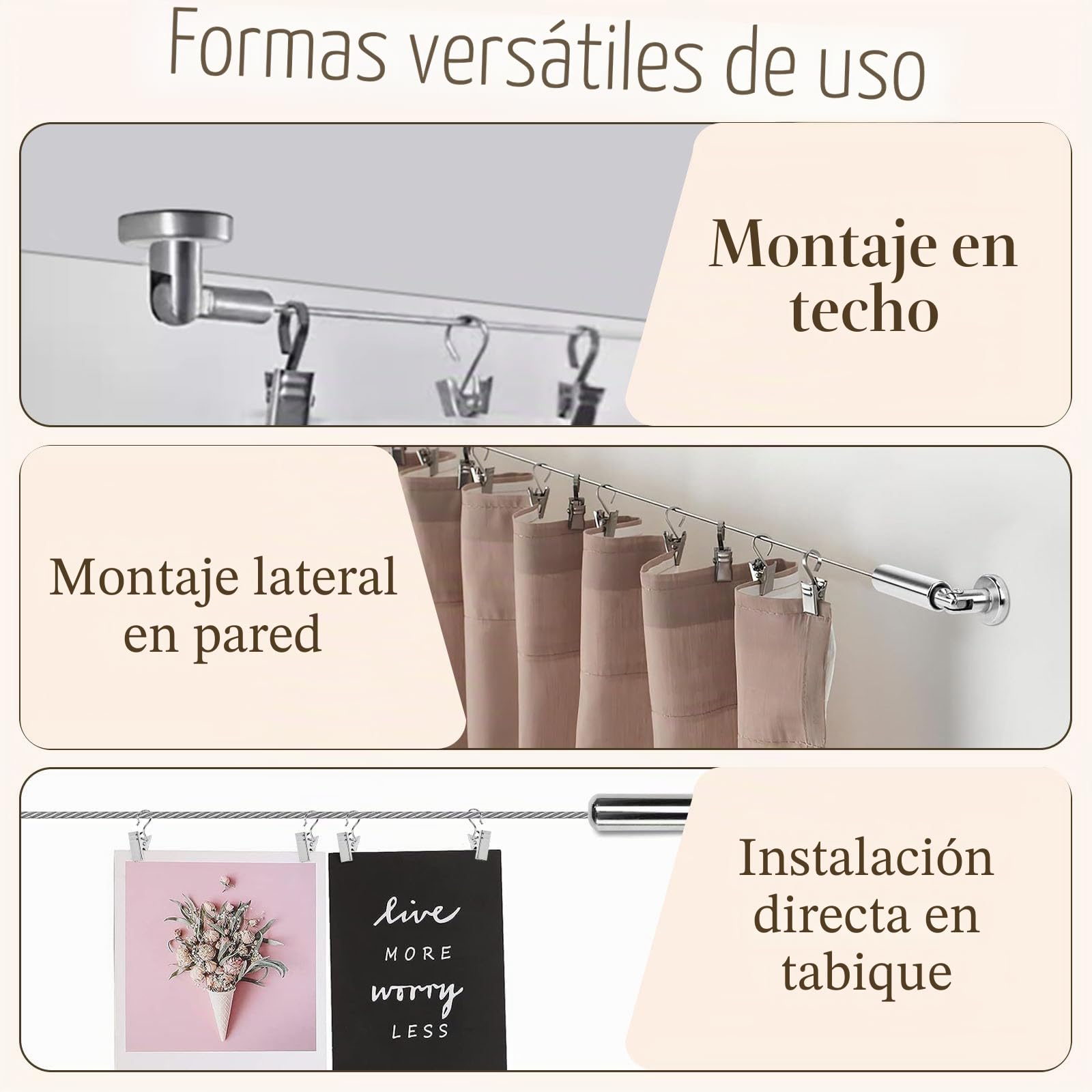Alambre para Cortina 5m con 30 Ganchos, Alambre de Acero Inoxidable para Tendedero, Barra de Alambres para Cortinas de Ducha, Ropa, Fotos y Manualidades - Montaje en la Pared