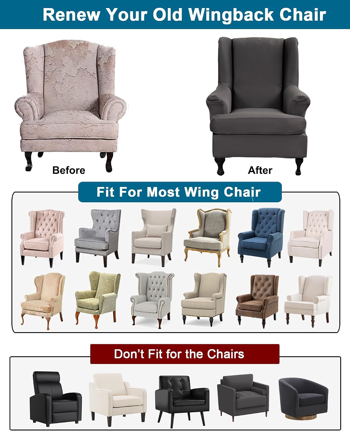 CRFATOP 2 Piece Stretch Wingback Chair Cover Solid Wing Chair Slipcovers Spandex Fabric Wingback Armchair Covers with Elastic Bottom for Living Room Bedroom Wingback Chair,C69
