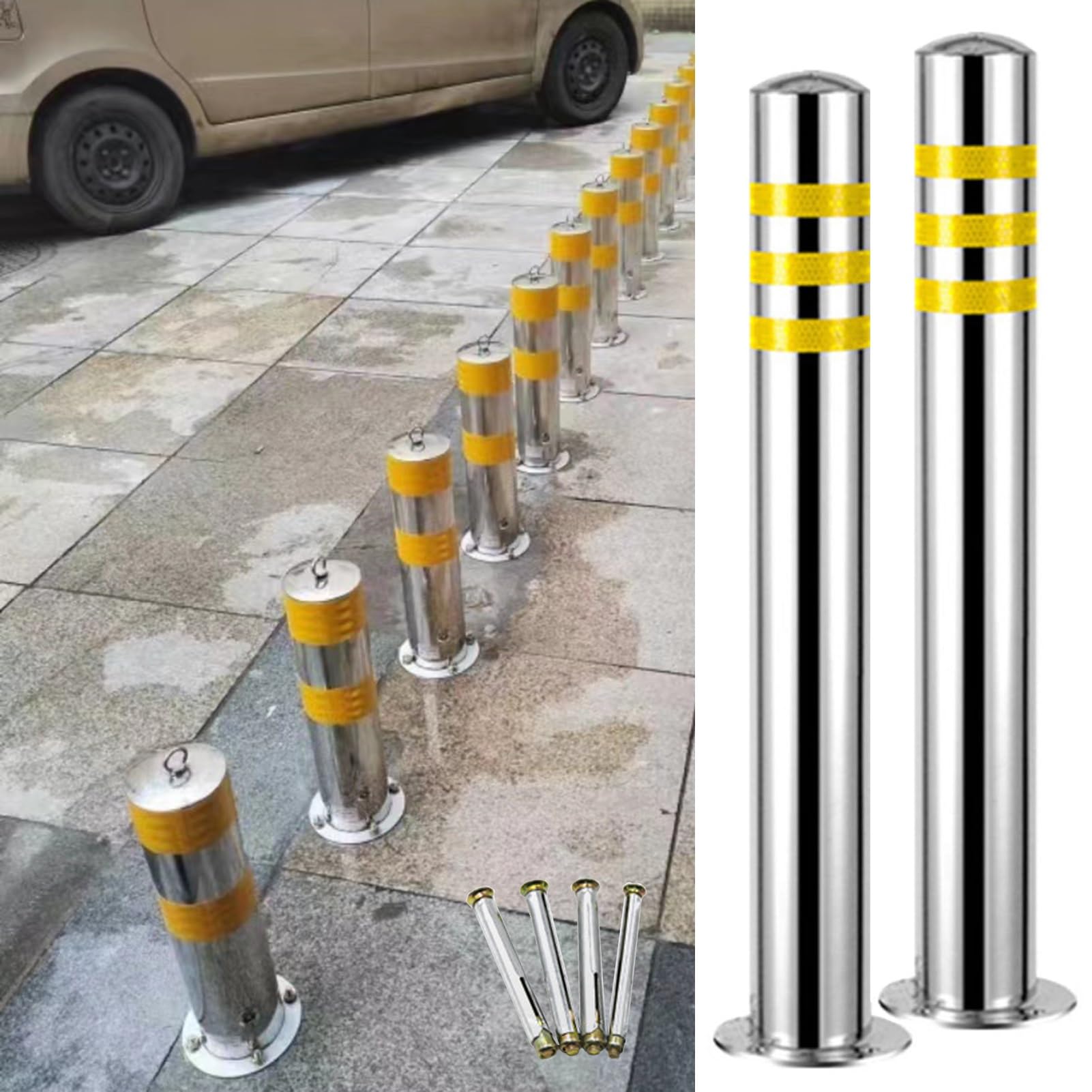 WOTZOV Safety Cones,Security Parking Bollards With Expansion Bolts,Reflective Safety Barrier Bollard Post,Stainless Steel Pipes Traffic Delineator Barricades,9X60Cm,7.6x75cm