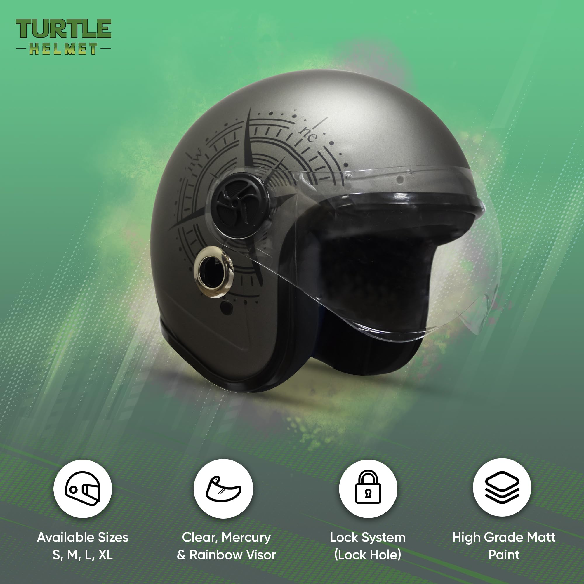 Turtle Helmet Star with Visor Half Face with Scratch Resistive Clear Visor & Hard Shell ABS Plastic Helmet, Grey, Large Size, (L-60 cm) 3