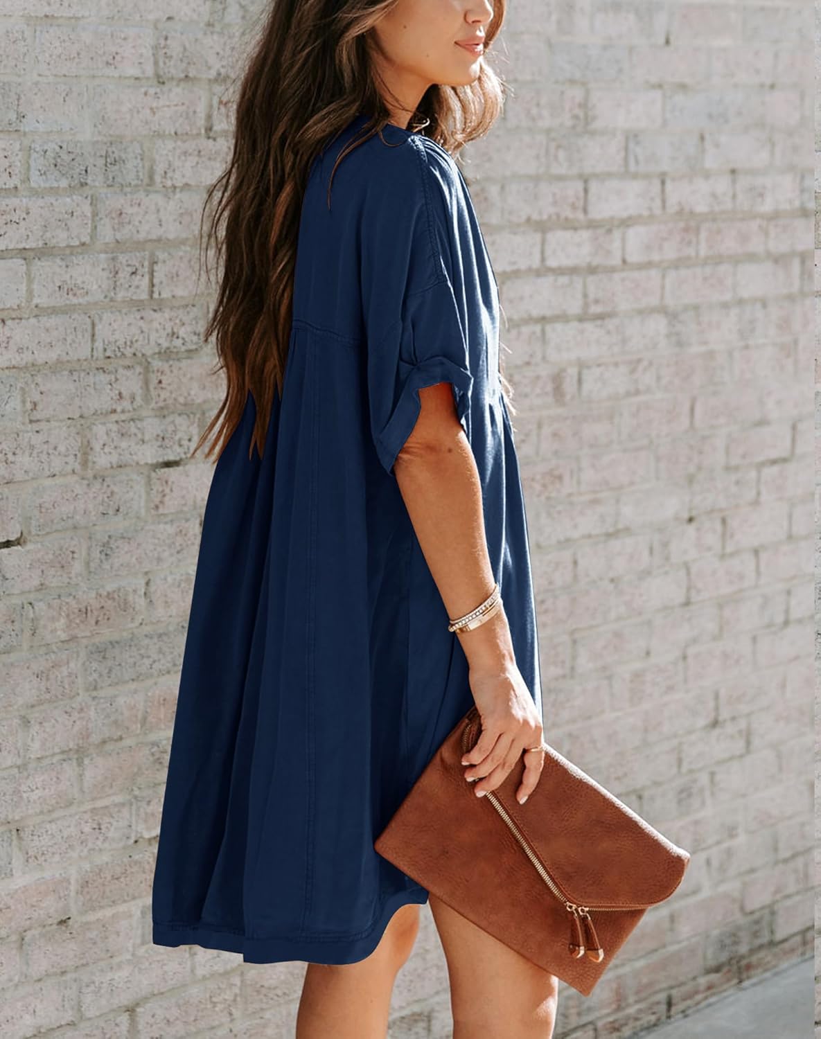 Minclouse Women's Babydoll Short Sleeve Tunic Dress V Neck Cute Casual Loose Dresses - Image 2