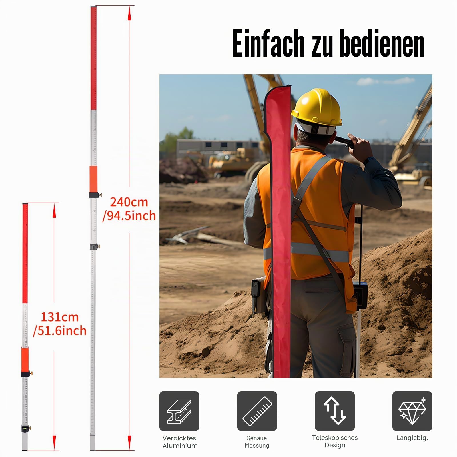 Laser-Grade-Stab, Laser-Wasserwaage für Rotationslaser mit Schnellverschluss-Aluminiumstab zum Messen
