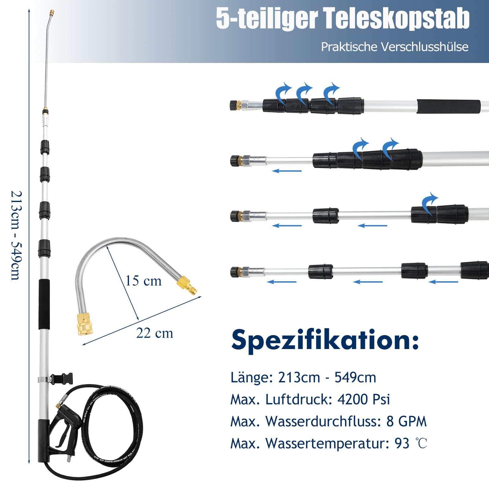 RELAX4LIFE Hochdruckreiniger Verlängerungsstab Set, Aluminium, Teleskopstrahlrohr bis 5,5 m, Teleskopsprühlanze mit 5 Sprühdüsen & 2 Schlauchadaptern & Stützgurt, Teleskoplanze für Dach & Fenster