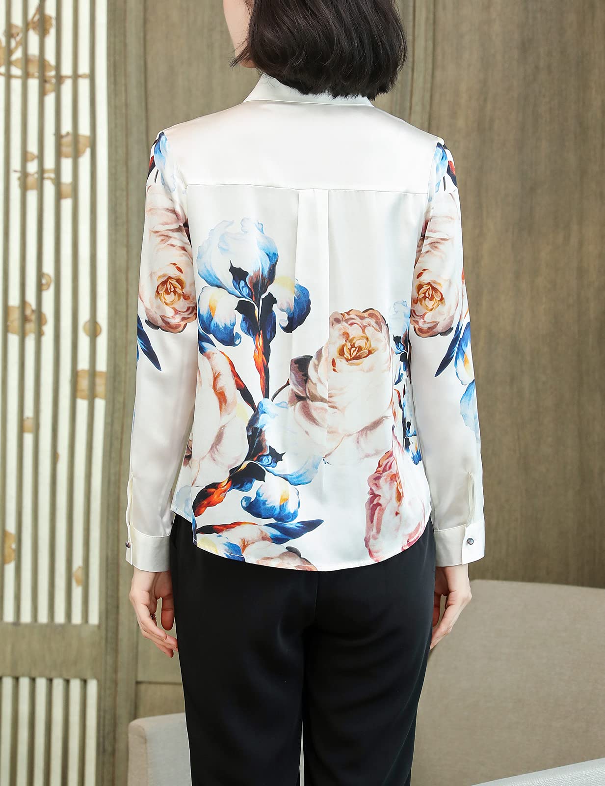 Valin S9099 - Camicia da donna con stampa a bottone, a maniche lunghe, in seta