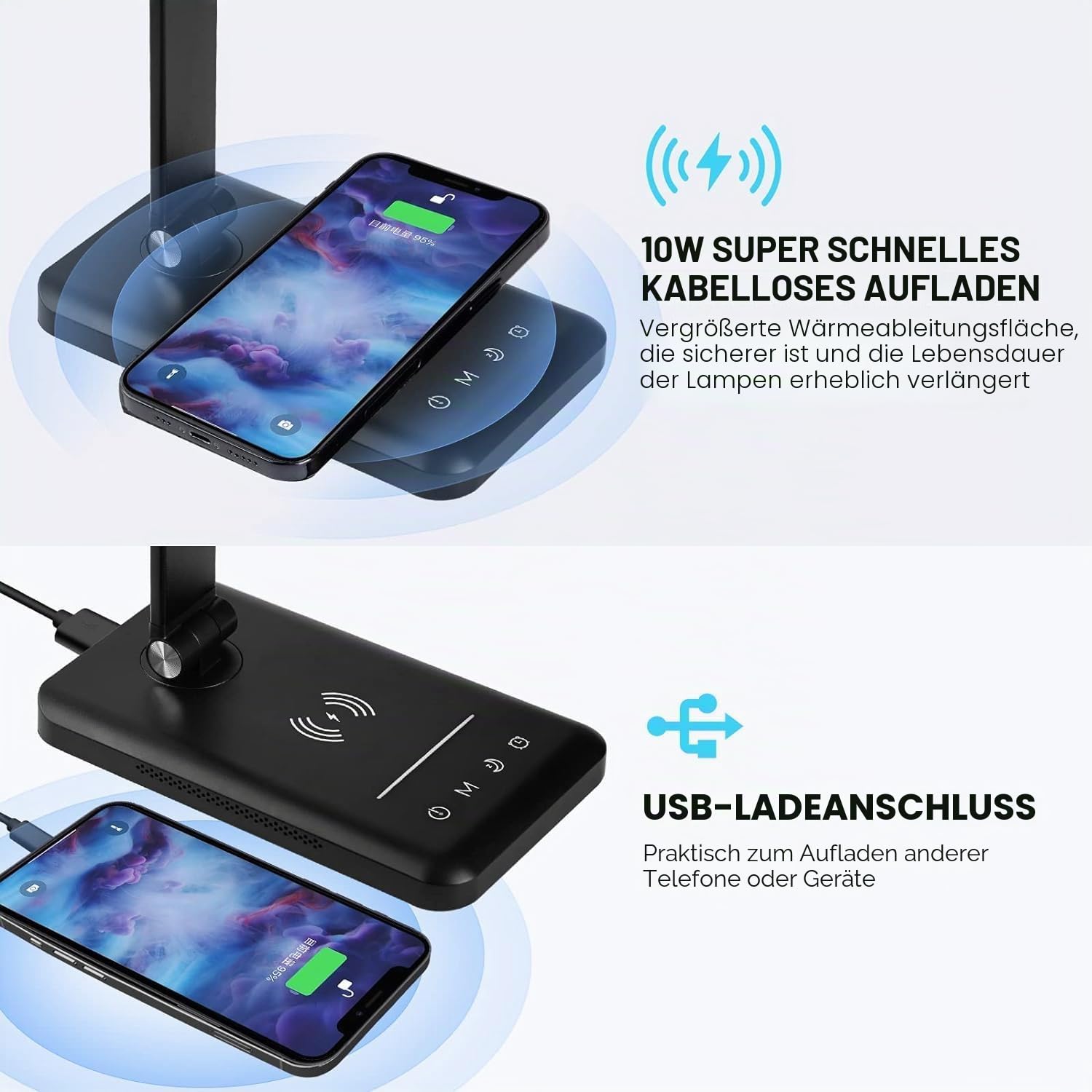 BIENSER Schreibtischlampe LED mit 10W Wireless Charging, USB Ladefunktion, 600LM Bürolampe Tischlampe mit 10 Helligkeits X 5 Farbstufen Dimmbar, Nachtlicht, Memory-Funktion, Auto Timer, 6000K, 24W