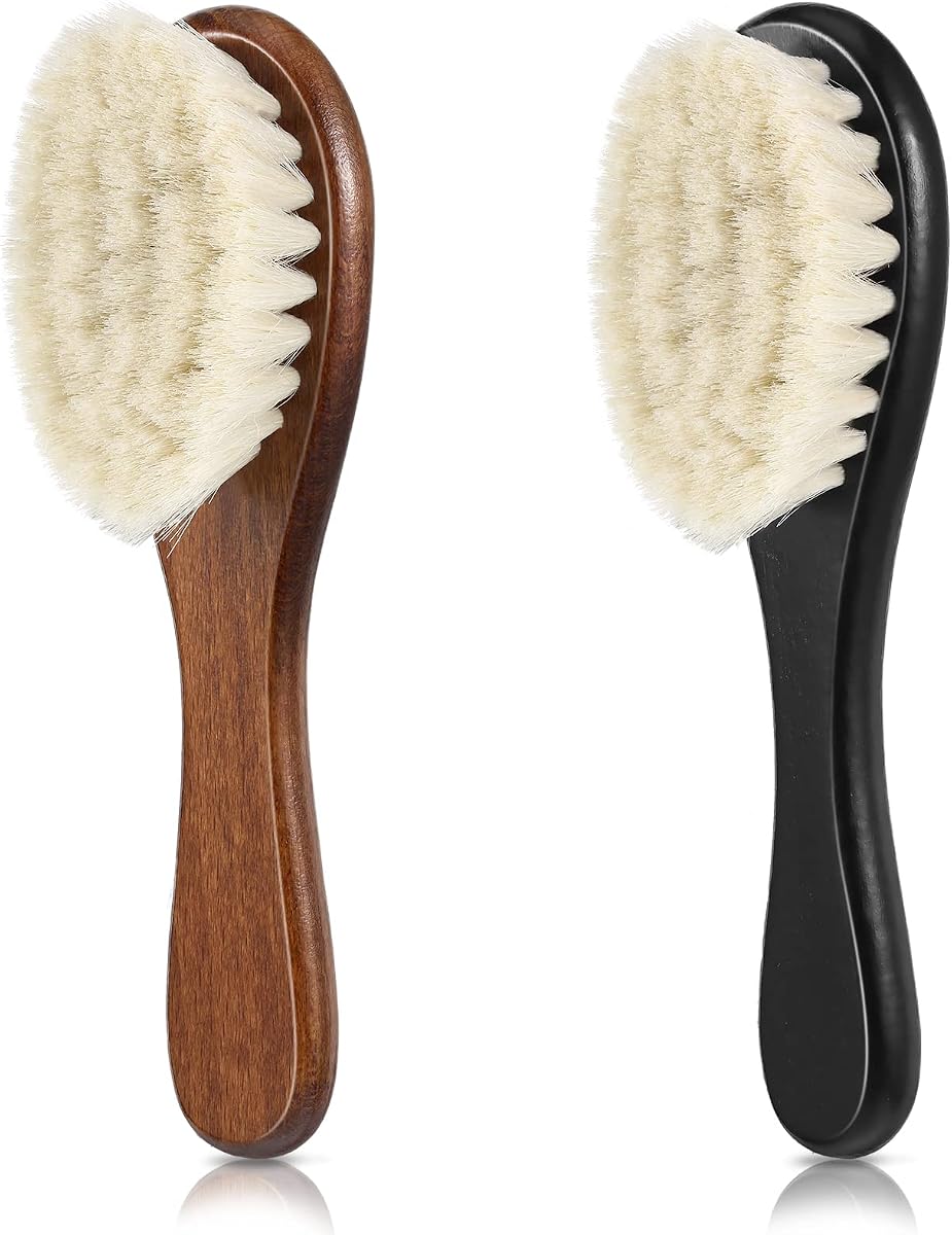 2 Pieces Barber Fade Brush Men Beard Brush Neck Duster Cleaning Grooming Tool Soft Beard with Wooden Handle for Barber Hair Cutting Kits(Black, Red)