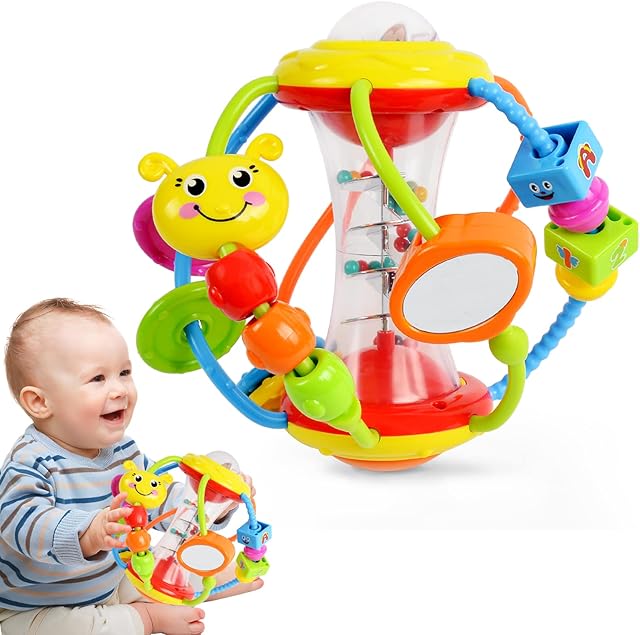 Baby Rattle Toy Activity Ball Sensory Toys for 0 3 6 9 12 Months, Tummy Time Mirror Toys for 1 Year Old Boys Girls, Early Educational Toy and Gifts for Newborns Toddlers Grab Shake Roll