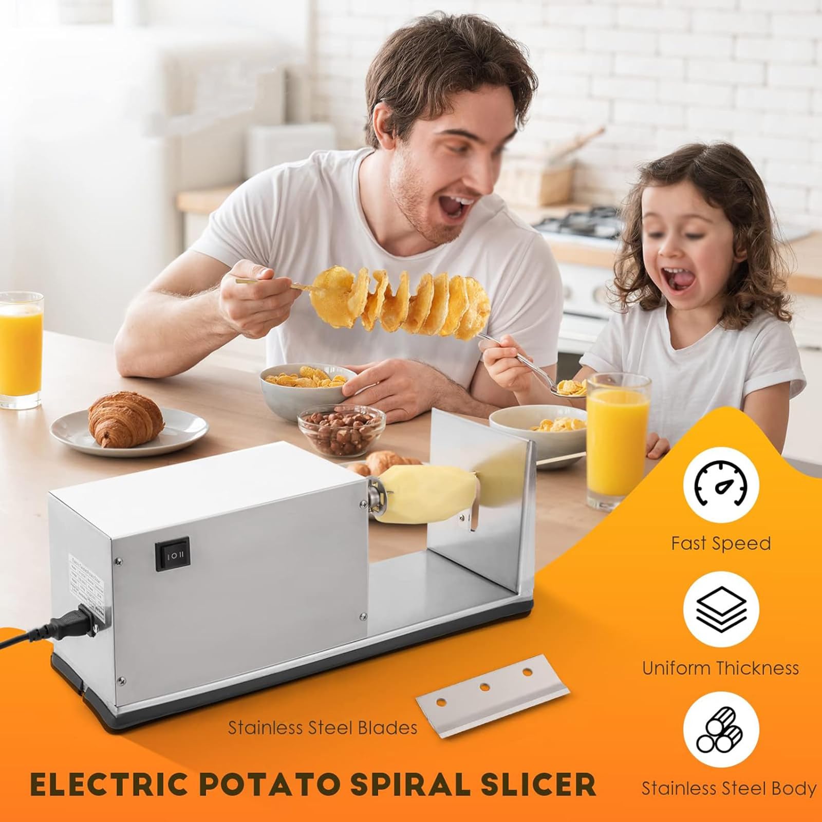 Espiralizador de Verduras de Acero Inoxidable de 50 W, Cortador Eléctrico en Espiral de Patatas, Base Antideslizante, Cortador de Patatas Retorcidas para el Hogar y Comercial