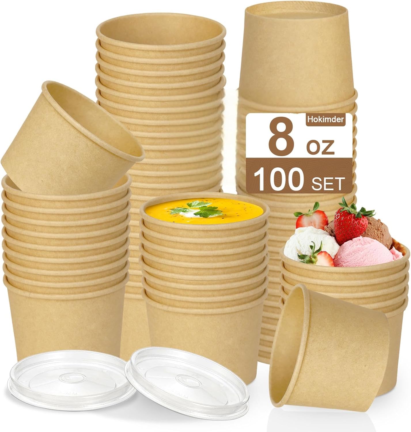 100 Pack 8oz Paper Soup Containers with Lids, Disposable Paper Ice Cream Cups, Heavy Duty Kraft Ice Cream Bowls Soup Containers for Yogurt, Cold and Hot Foods, Microwavable & Freezer Safe