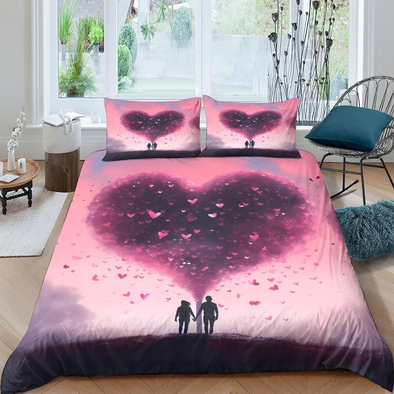 Ctjqhvkz Style-9 3D Printed Romantic Heart Fitted Sheet Microfiber Soft Pink Couple Silhouette Bed Cover For Bedroom Guest Room Decor Single（135X200cm）