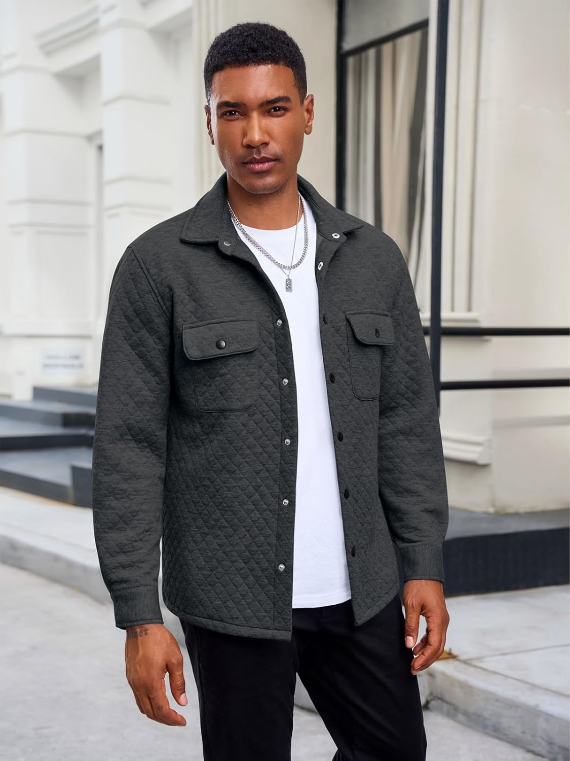 Yousify Mens Casual Shirt Jacket Long Sleeve Button Down Fall Shacket Lightweight Quilted Jackets with Pockets - Image 5