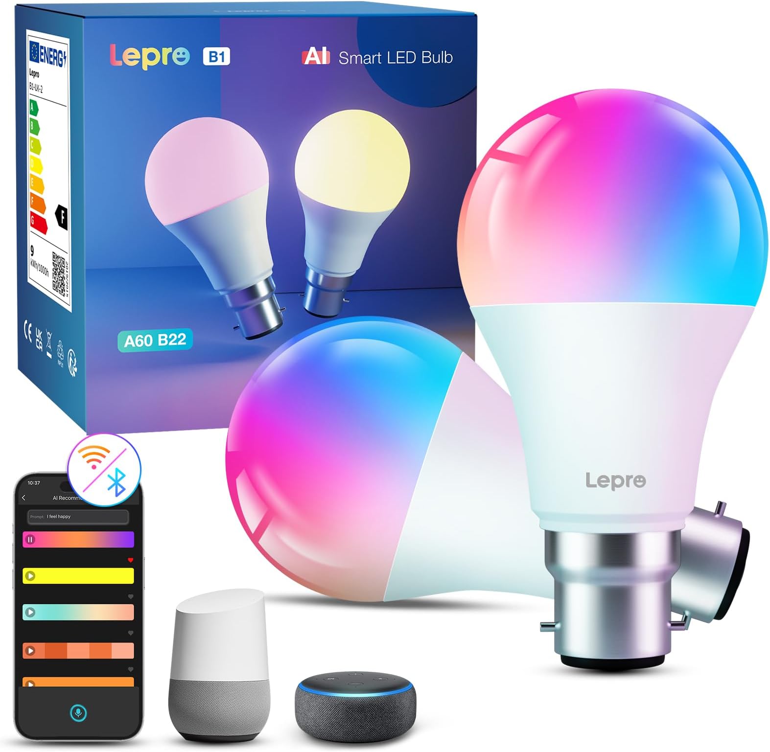 Lepro AI Smart Bulb B22, Music Sync Bayonet WiFi Bulb, Colors Changing Light Bulb Works with Alexa & Google Assistant, 806lm, Voice Control, Personalized AI Lighting Designer, 2 Packs