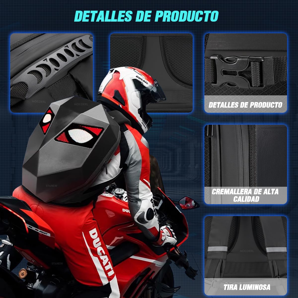 MOXOERL Mochila Ojos Led Moto, Mochila de Motocicleta LED para Hombre, Impermeable para Casco de Moto 3D, Texto/Imagen/GIF Animado, Negro