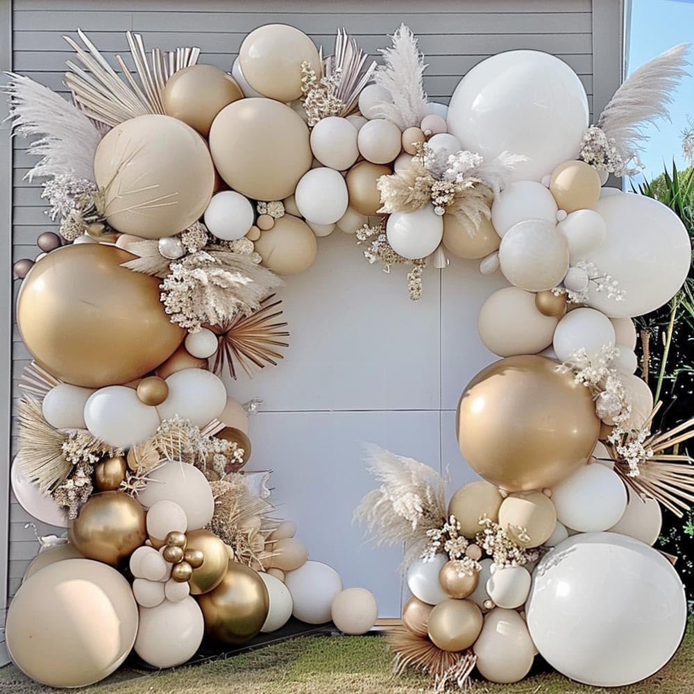 White Sand Gold Balloon Arch - Double Stuffed Matte Cream Nude Beige White Ne...