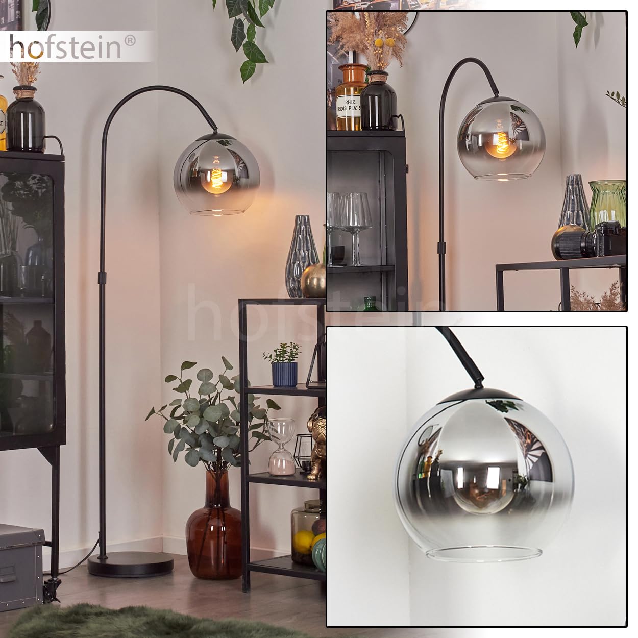 Lampada da terra Koyoto, lampada da terra metallo/vetro in nero/cromo/trasparente/fumo, lampada in design retrò/vintage/industriale con paralume in vetro (Ø 25 cm) e interruttore a pedale, 1x E27,