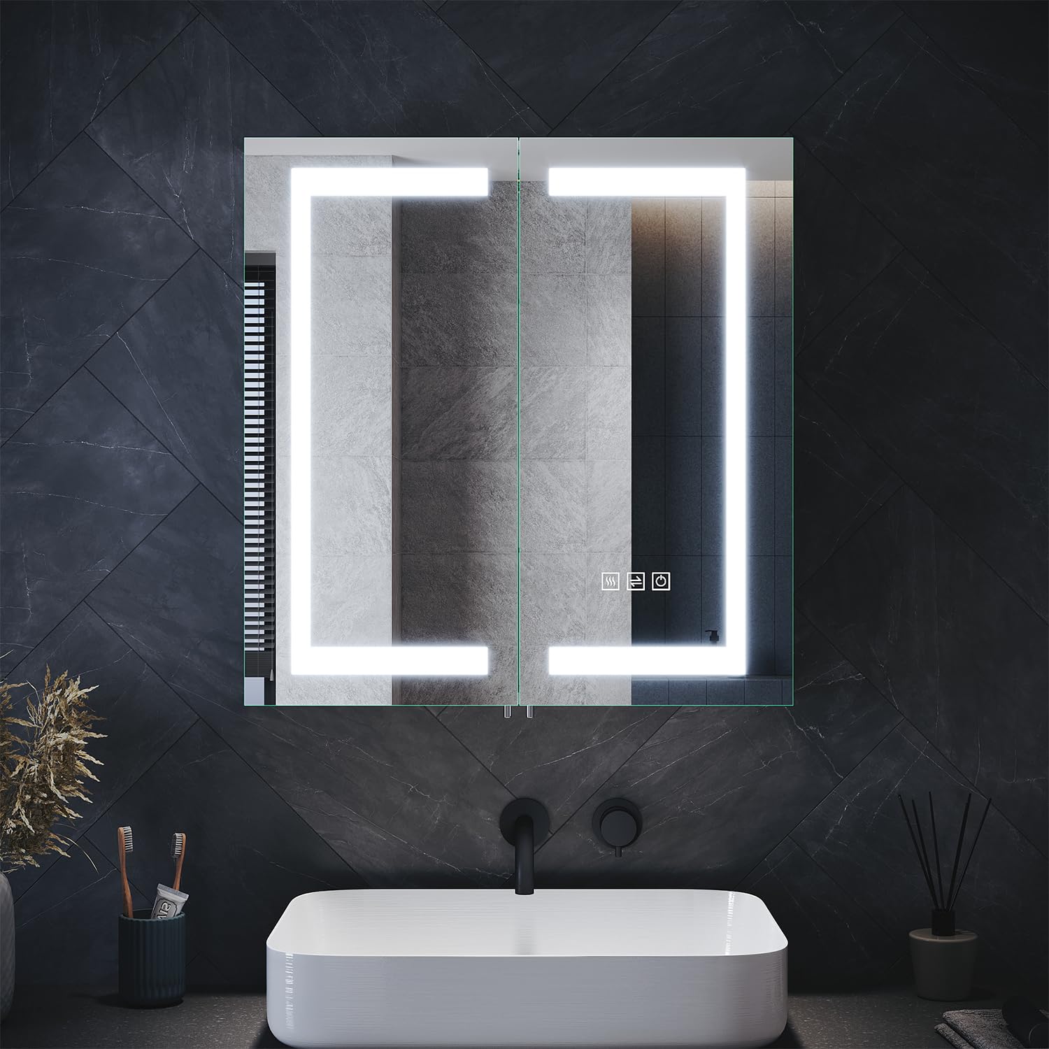 ELEGANT 630 x 650mm Bathroom Cabinet with Mirror LED Bathroom Mirror Cabinet with Shaver Socket, Three-color Infinitely Dimmable and Demister Pad Stainless Steel Bathroom Wall Cabinets