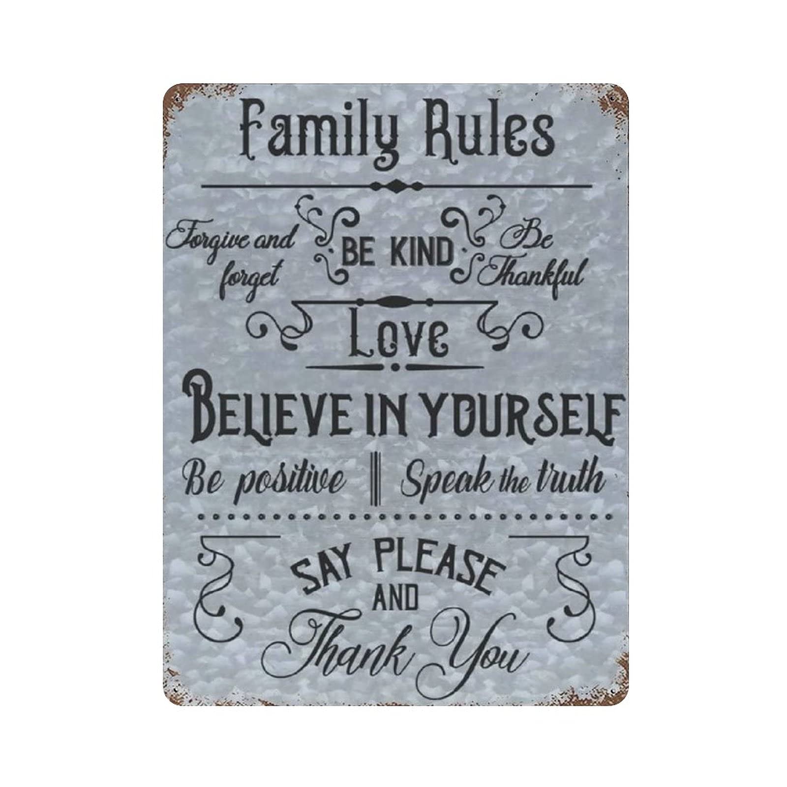Metal Tin Sign Family Rules Vintage Tin Poster Metal Sign Wall Decoration Country Kitchen Home Garage Decor 16"x12"