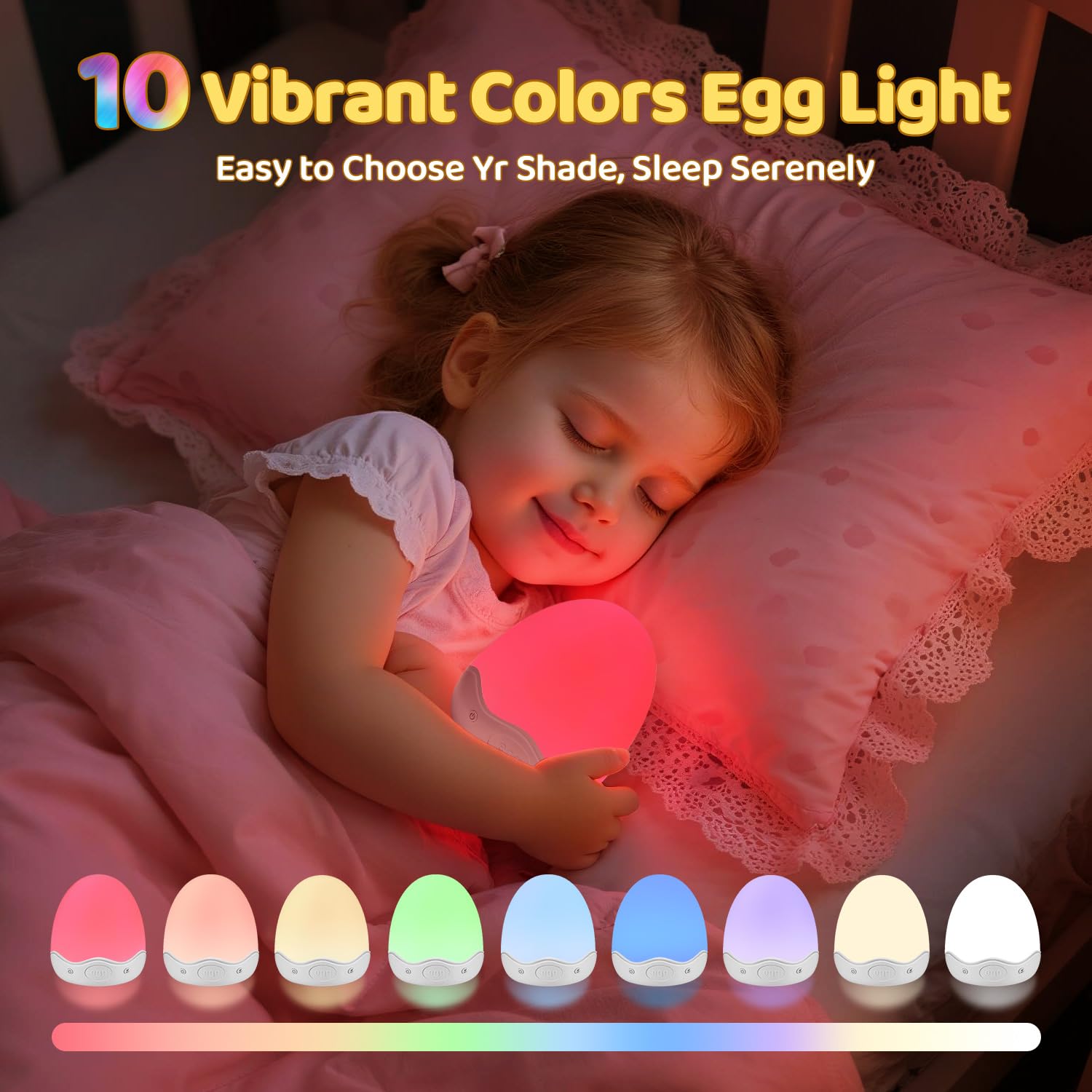 COOLNIGHT Nachtlicht Kinder, Stilllicht Touch Dimmbar mit 10 Helligkeit 10 Farben, 3600mAh+Timer+Fernbedienung LED Nachtlicht Baby, Tragbar & USB Aufladbar & Kabellos Nachttischlampe, Baby Geschenke
