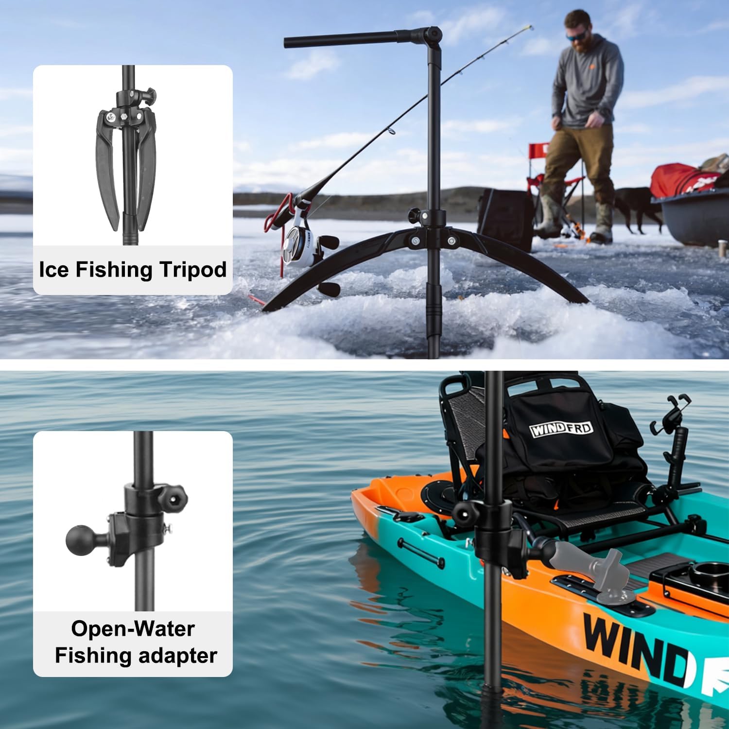 Ice Fishing Transducer Pole Mount with 0 Degree Mount, Livescope Transducer Pole with Tripod Ice Mount, Compatible with Garmin LVS34, Compatible with RAM Mounts C Size/1.5'' Double Socket Arm