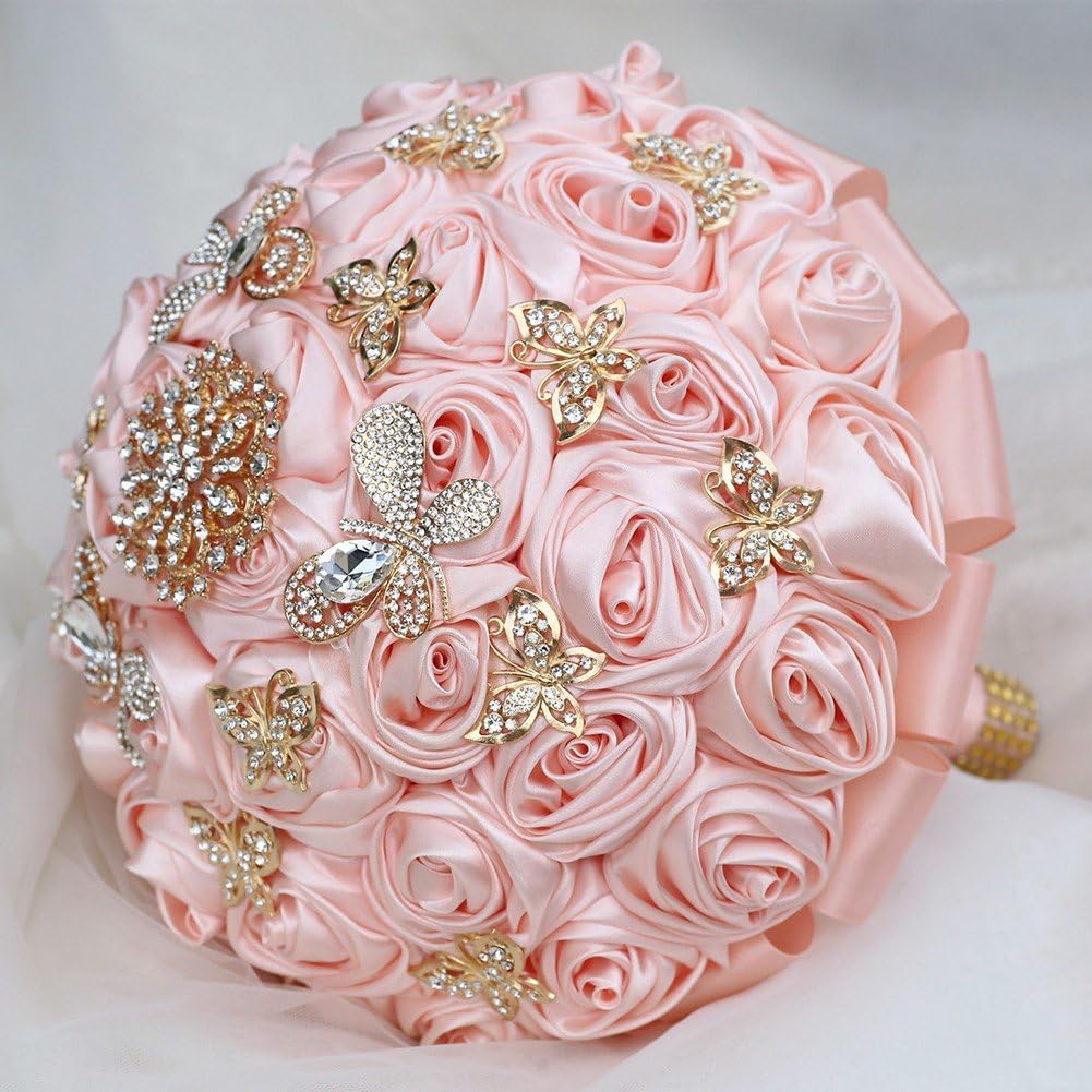 Hrippy Bouquet Sposa con Rose Artificiali in Raso E, Realizzate a Mano, Mazzolino Floreale per Matrimoni, Compleanni E Cerimonie.