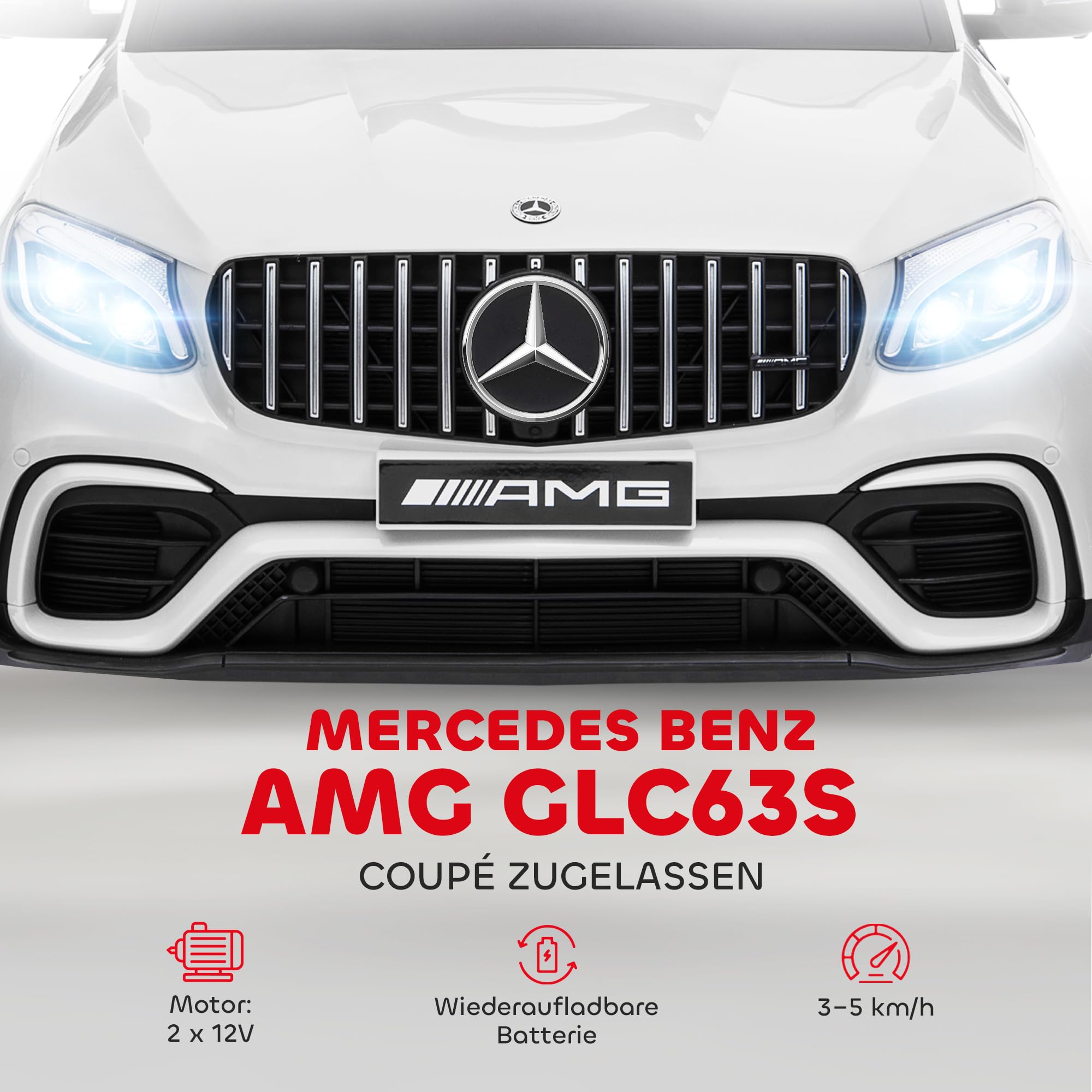 HOMCOM Kinderfahrzeug 12V Mercedes-Benz AMG GLC63S Coupe Weiß | Elektroauto mit Fernbedienung Sicherheitsgurt 2 x 35W Motoren MP3 37-60 Monate Schwarz 115 x 70 x 55 cm