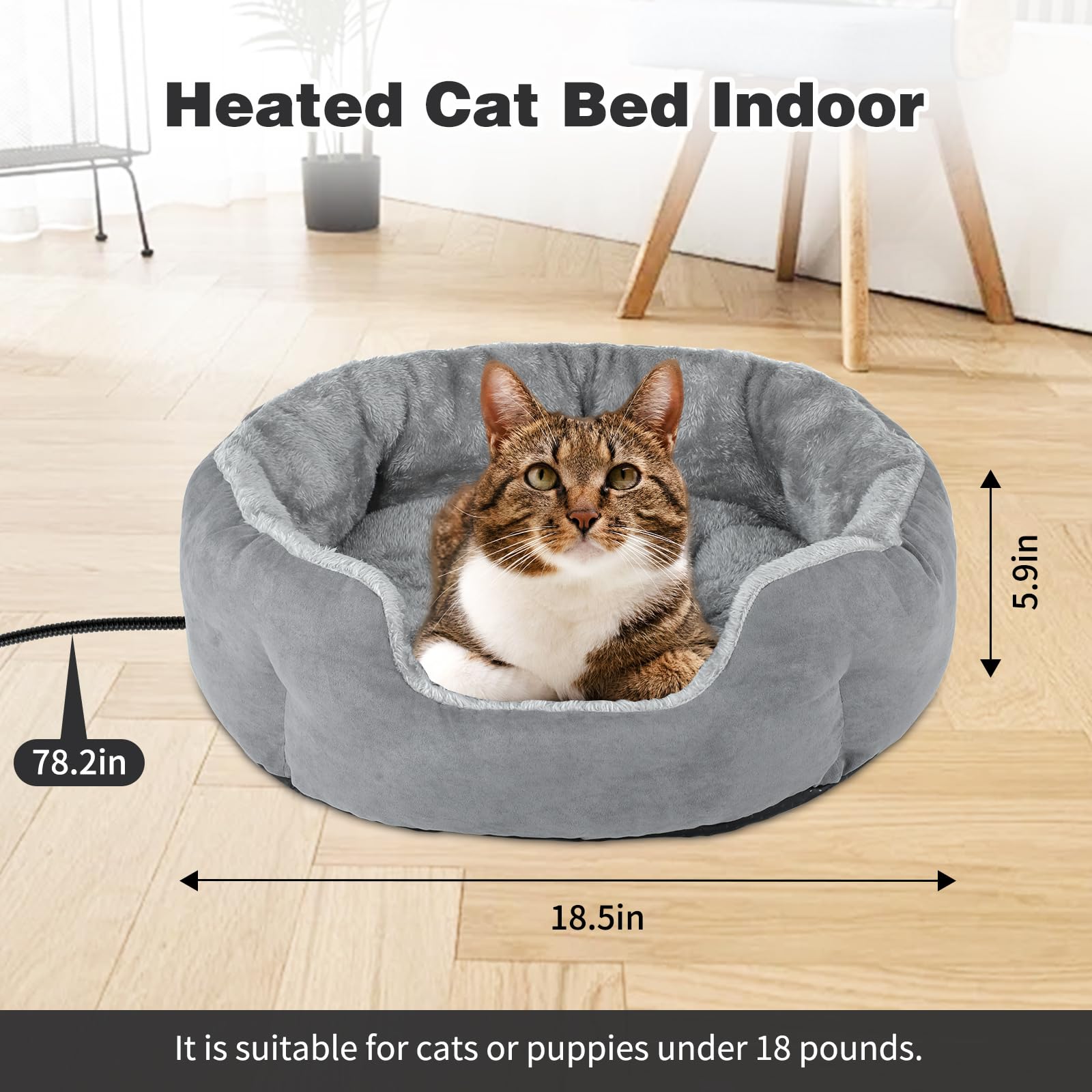 Beheiztes Katzenbett für den Innenbereich, 47 cm, weiches beheiztes Haustierbett für Indoor-Katzen mit Timer und Temperatur einstellbar, wärmendes Katzenbett, Heizkissen für Indoor-Katzen,