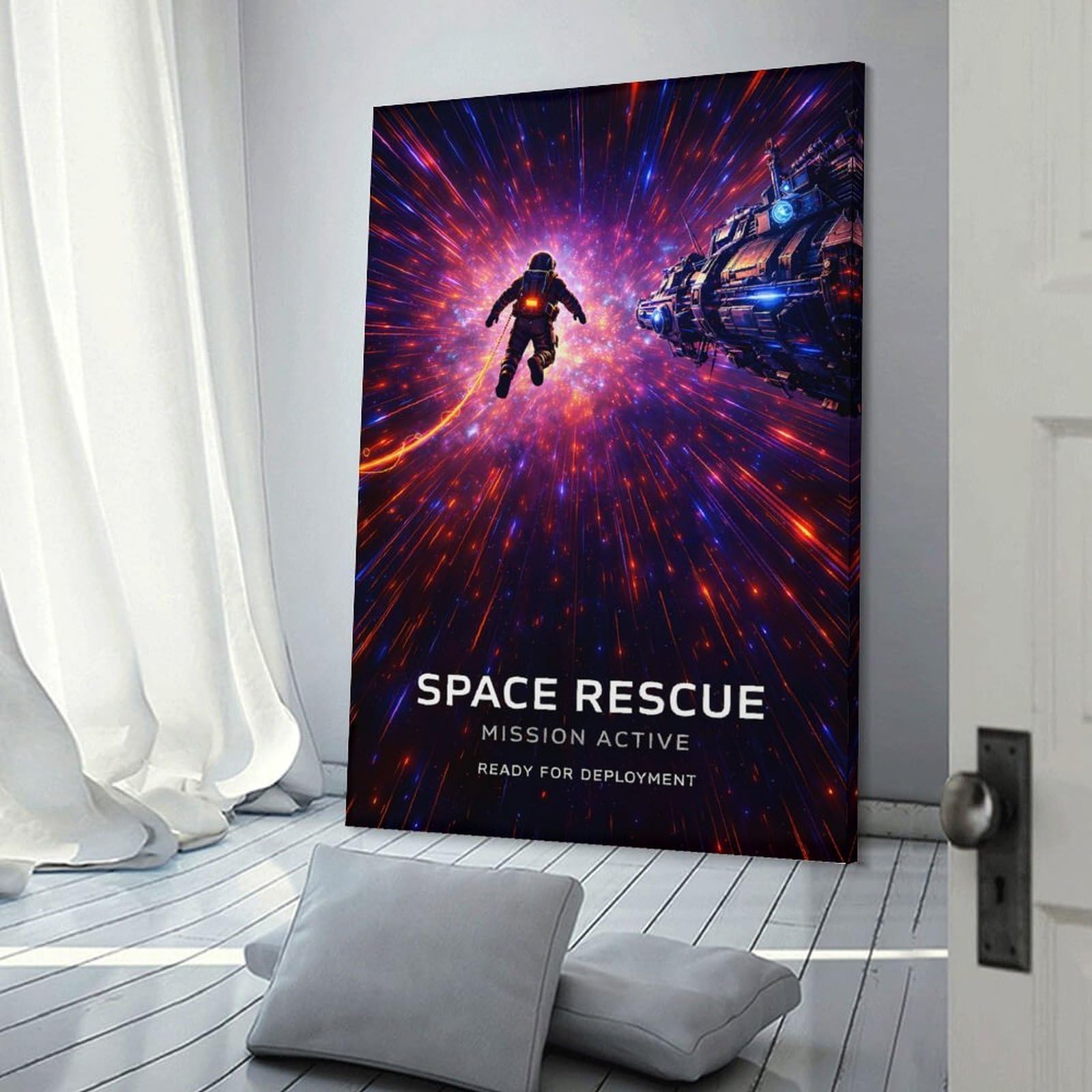 Junmoney Hanging Wall Art Astronaut And Spaceship in Cosmic Nebula, 24x36inch(60x90cm), for Living Room, Bedroom Or Apartment Walls, Decorative Artwork for Empty Walls