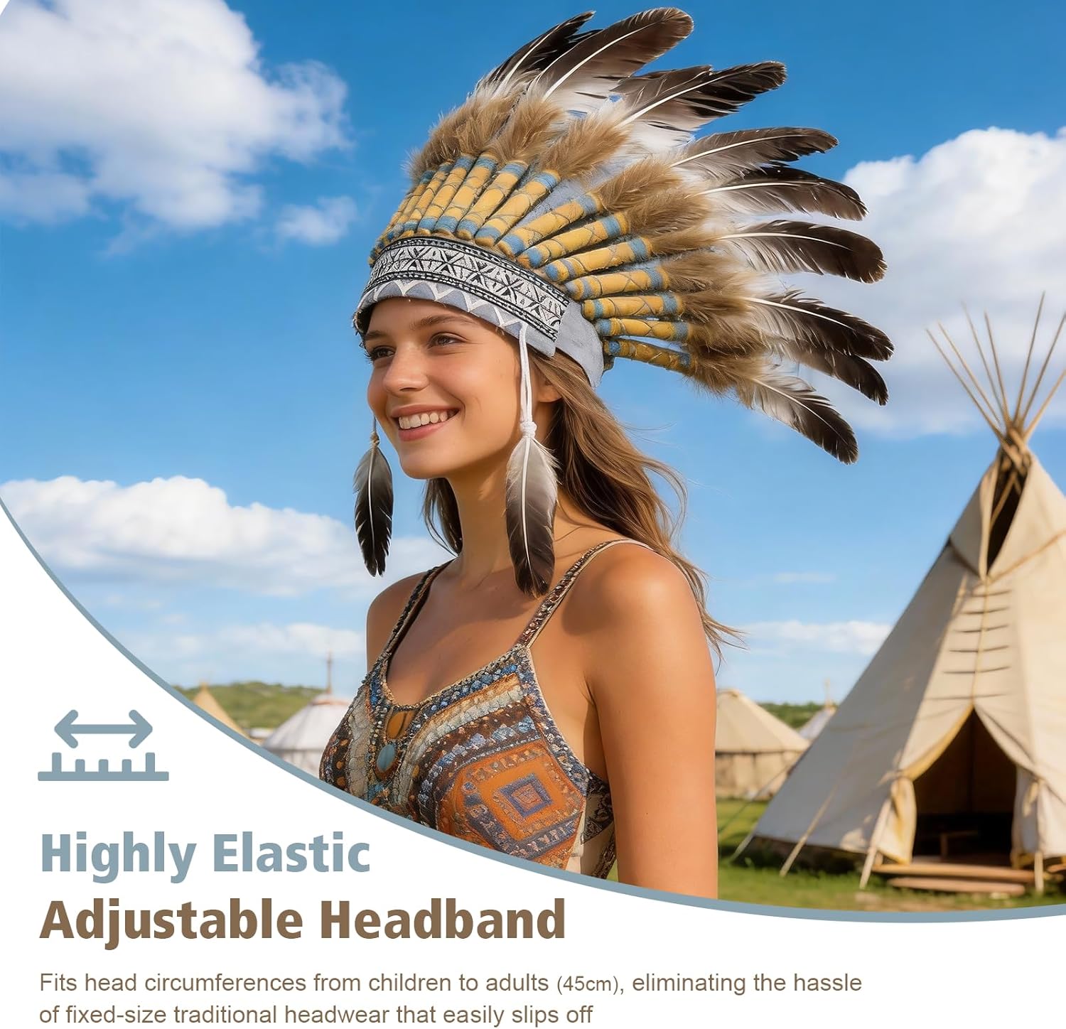Native American Headdress, Indian Style Feather Headdress with Elastic Band for Adults Party Photo Props Party Decor