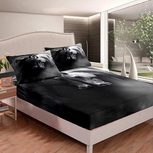 Miniatura 2 de Erosebridal Juego de cama de caballo para niñas, niños y parejas, sábana bajera ajustable de caballos blancos y negros, tamaño matrimonial, diseño