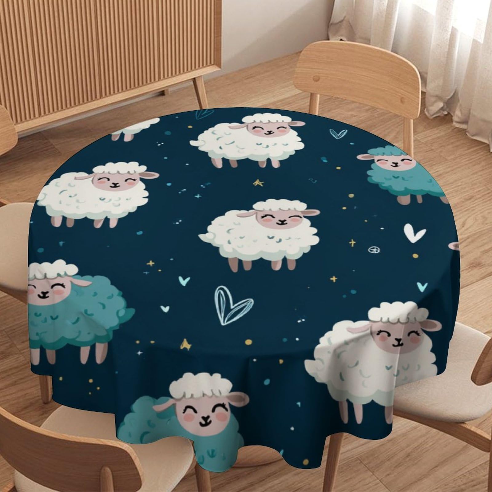 LUYYSKY Funny Cute Animals Sheep Round Tablecloth Funny Anime Christmas Farm Animal Alpaca Star Heart Pattern Washable Decor for Table Cover for Kitchen-91.4" Wx91.4 L cm
