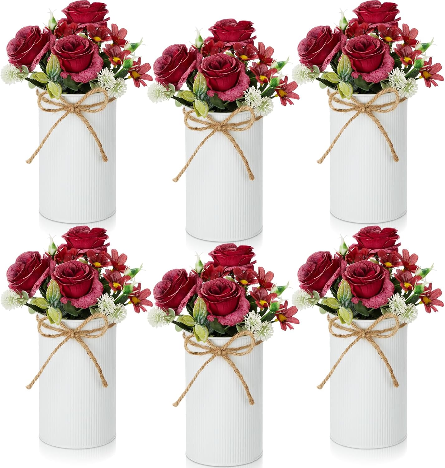 Domensi 6 Sets Valentine's Day Wedding Centerpiece for Table Decoration Red Artificial Fake Rose Flower with Metal Vase Faux Silk Rose Bouquet Floral Arrangement for Bridal Shower Home Dining