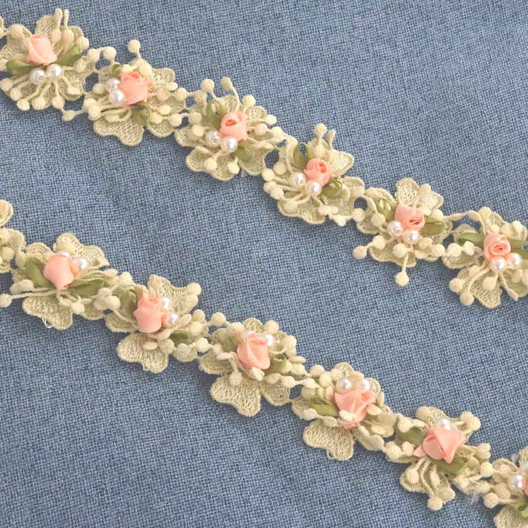 2 Yard Vintage Pearl Flower Ribbon Scallop Edge Trim Lace Fabric Sewing Lace Trim Handmade DIY Sewing Supplies for Dress Embellishment (Small Pearl lace)