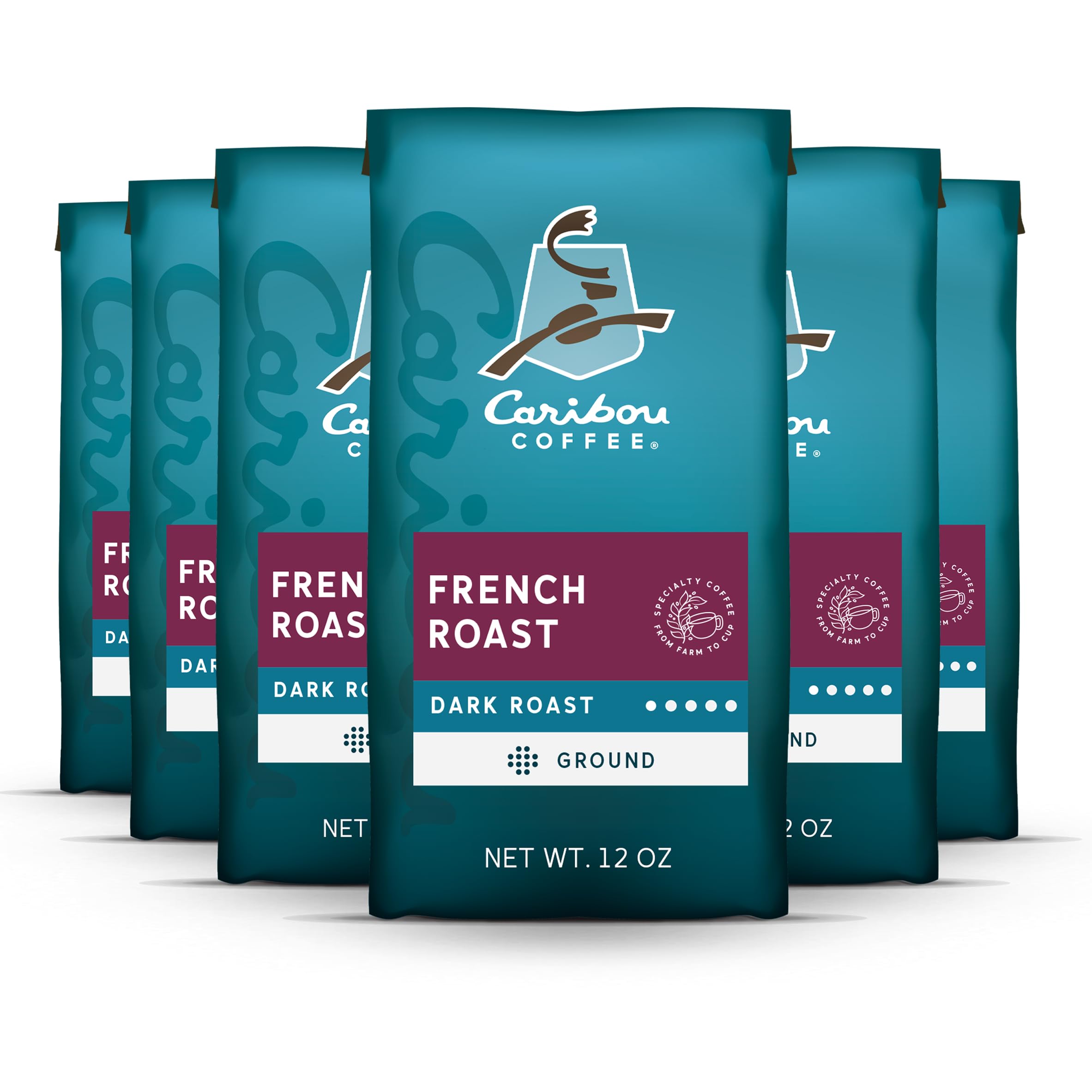 Caribou Coffee, Dark Roast Ground Coffee French Roast 72 Ounces (6 Bags  of 12 Ounces)